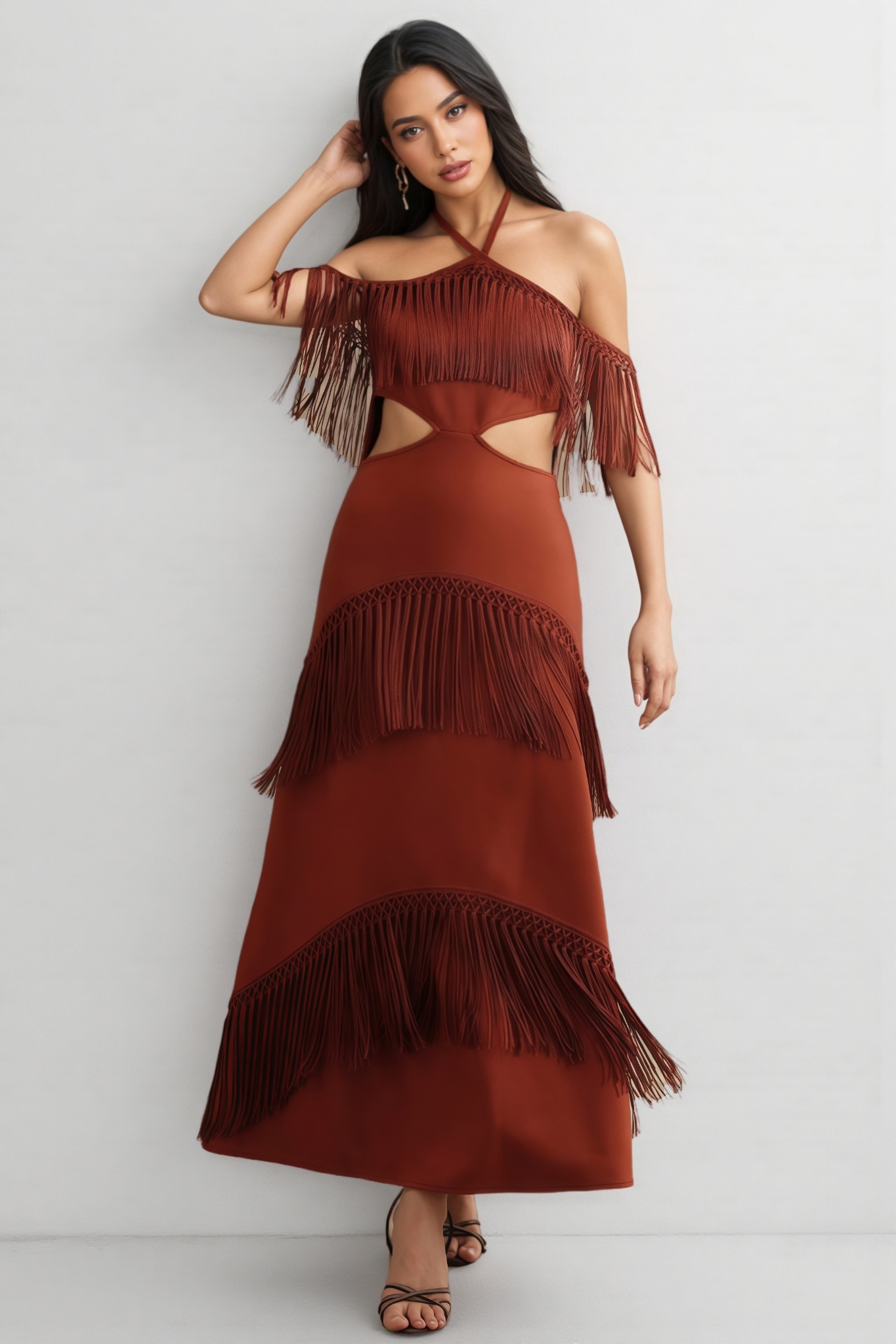 Perra Hanging Neck Fringe Maxi Dress