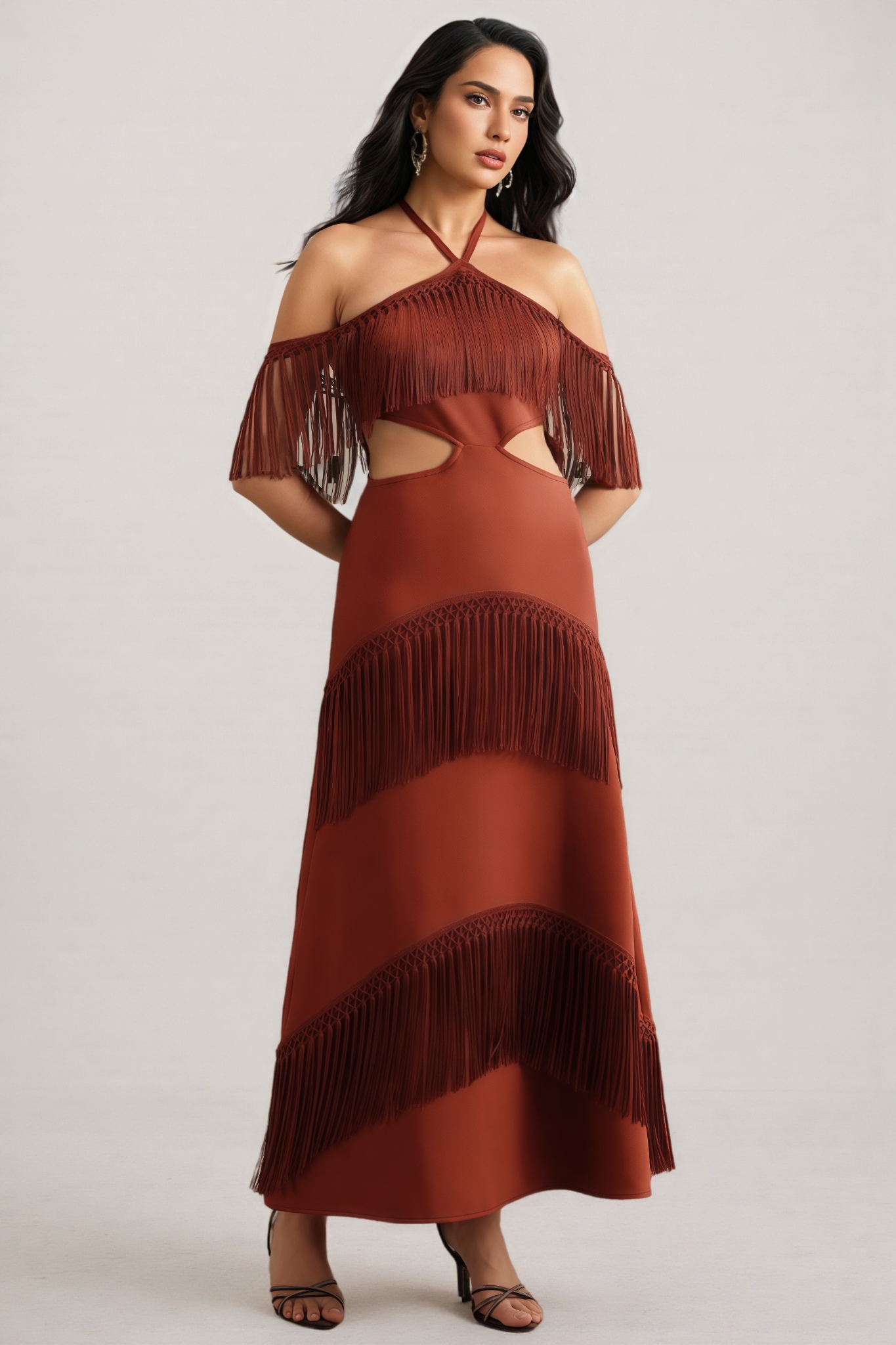Perra Hanging Neck Fringe Maxi Dress