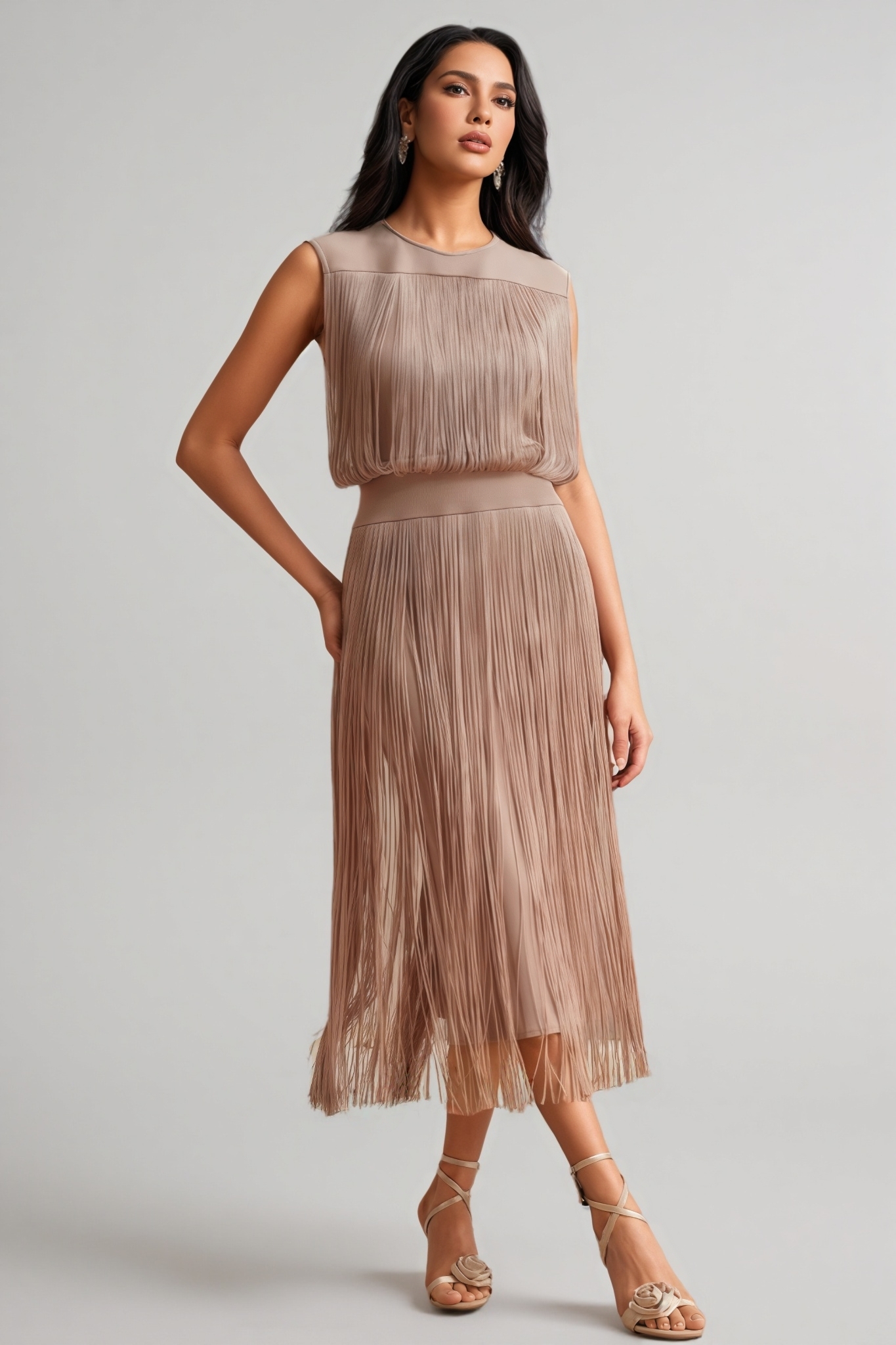 Raenk Sleeveless Fringe Midi Dress