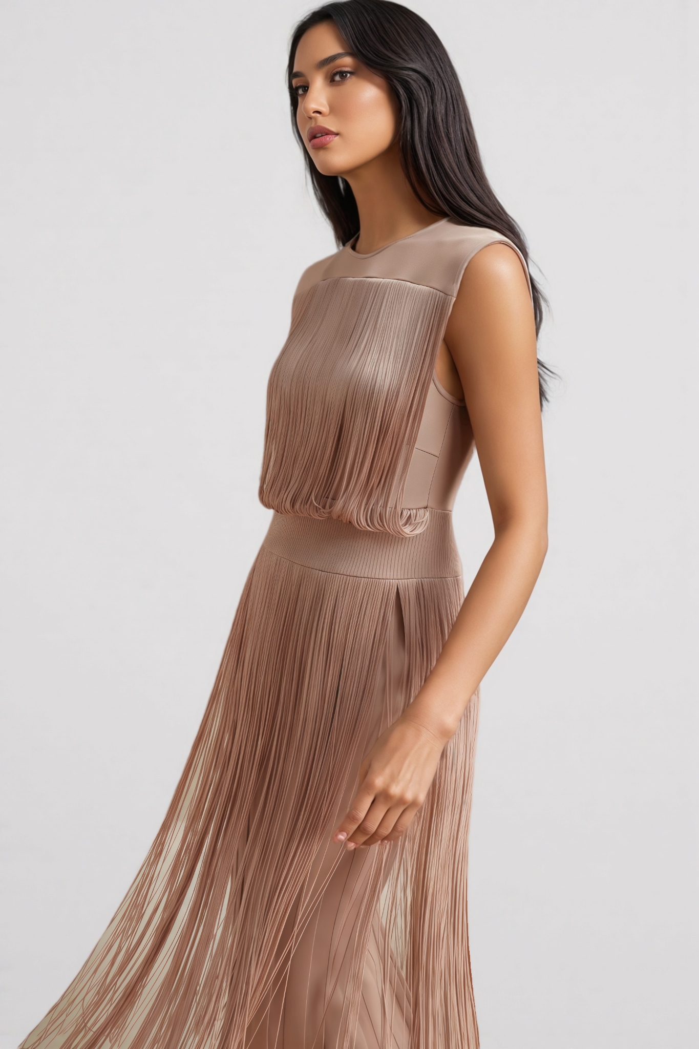 Raenk Sleeveless Fringe Midi Dress