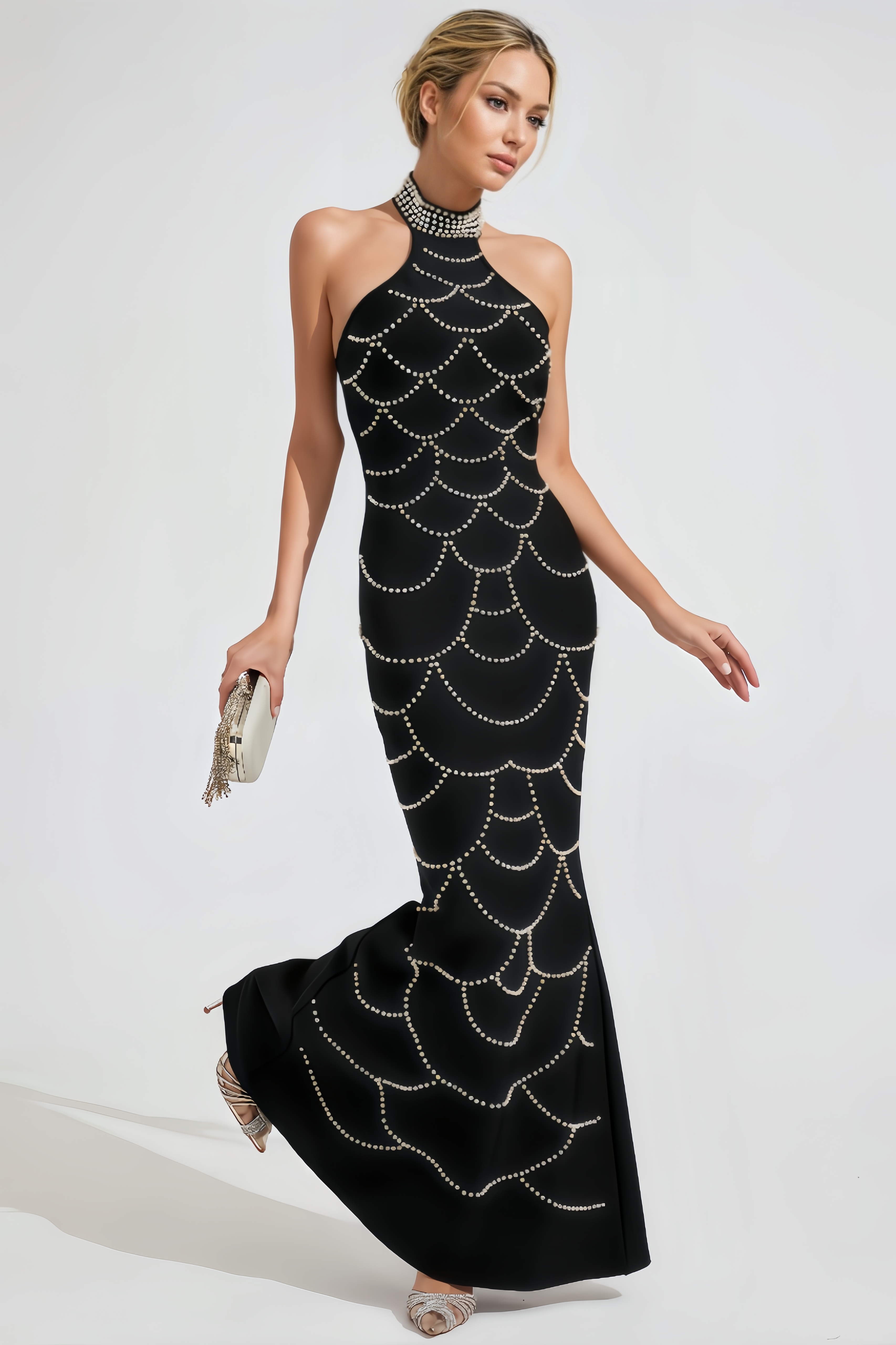 Satu Pearl Halter Bandage Maxi Dress