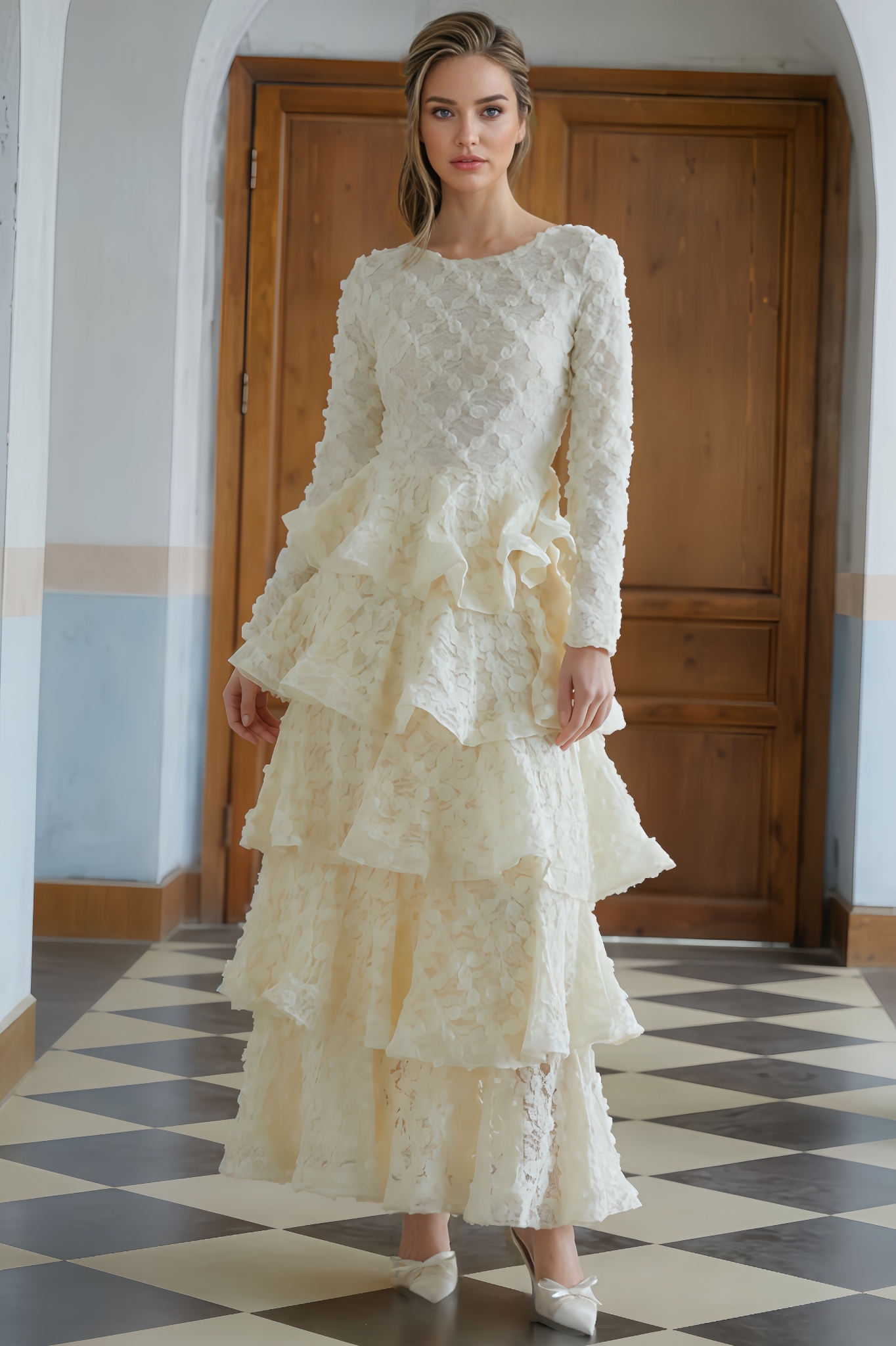 Sama Neutral Tiered Floral Lace Maxi Dress