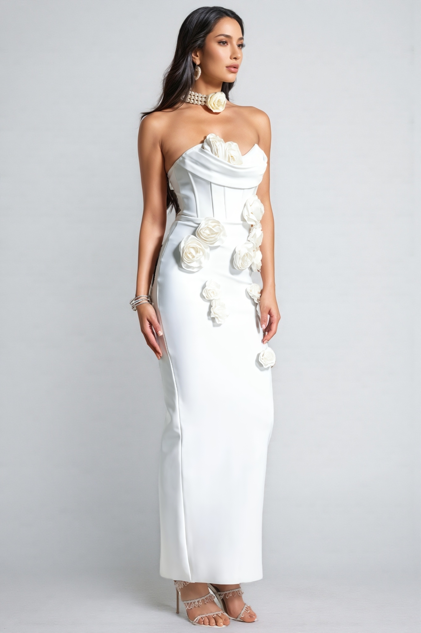 Islay White Rose Off Shoulder Maxi Dress