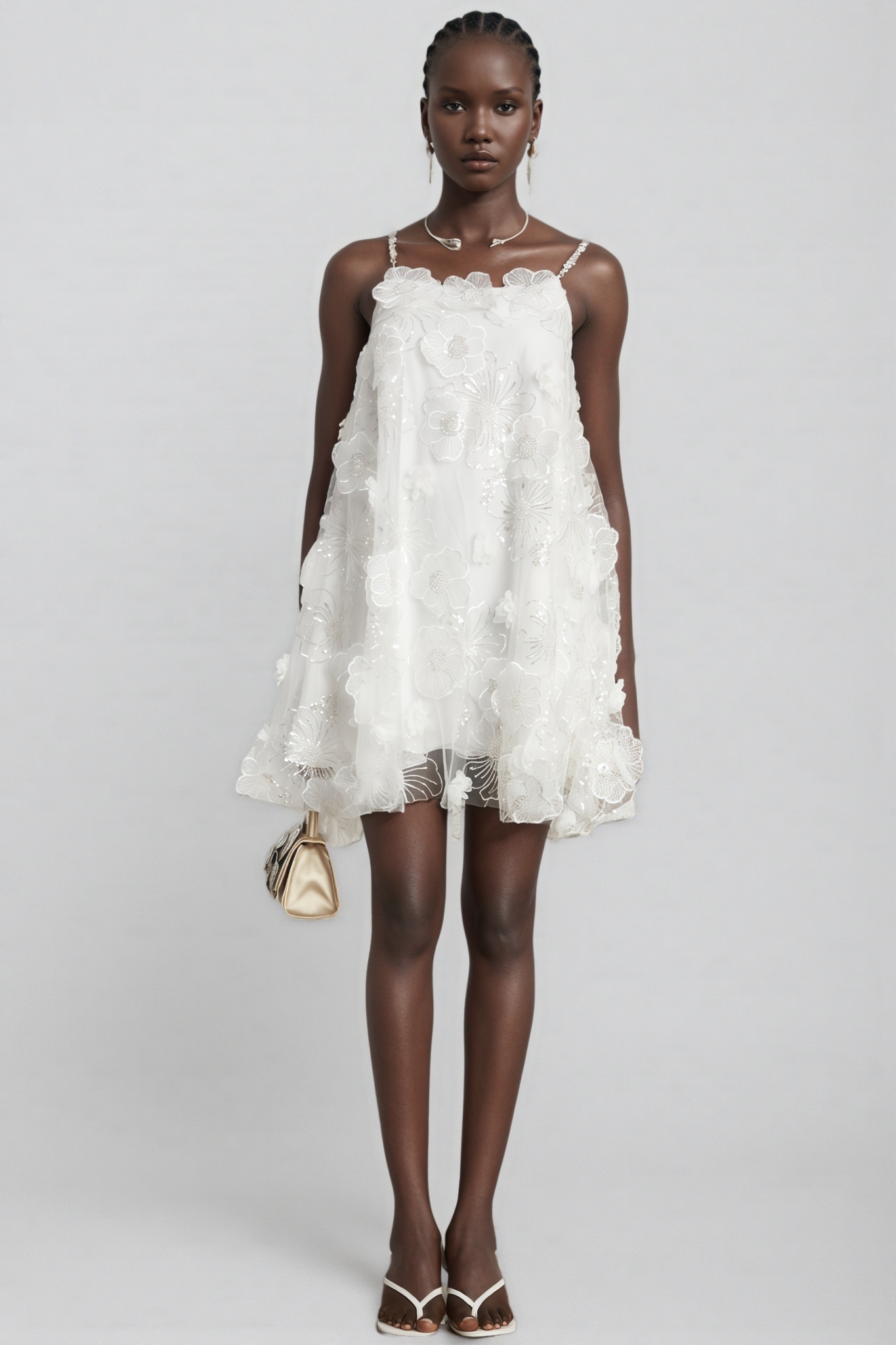 Darirke White Flower Sequin Mesh Mini Dress