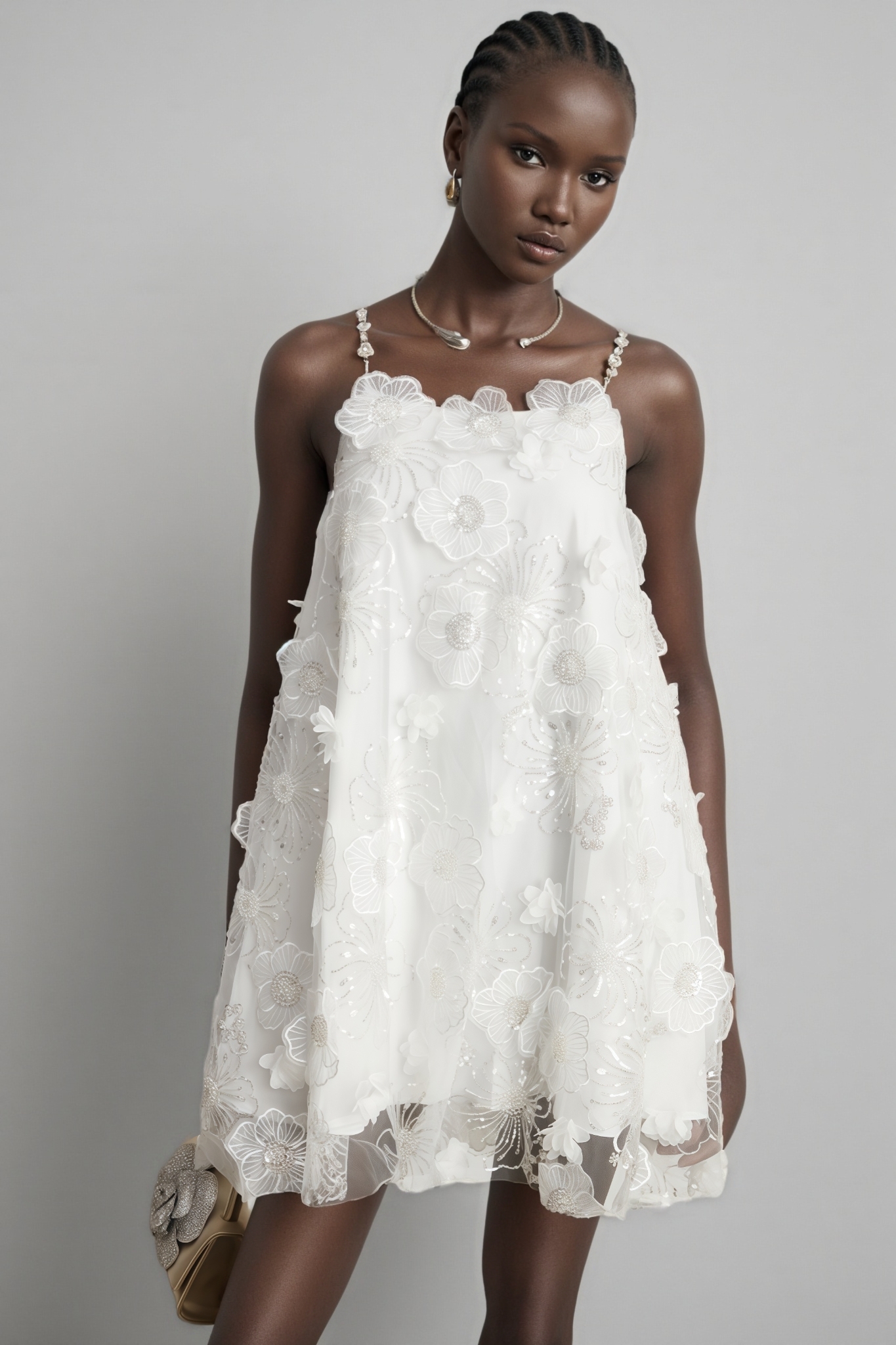 Darirke White Flower Sequin Mesh Mini Dress