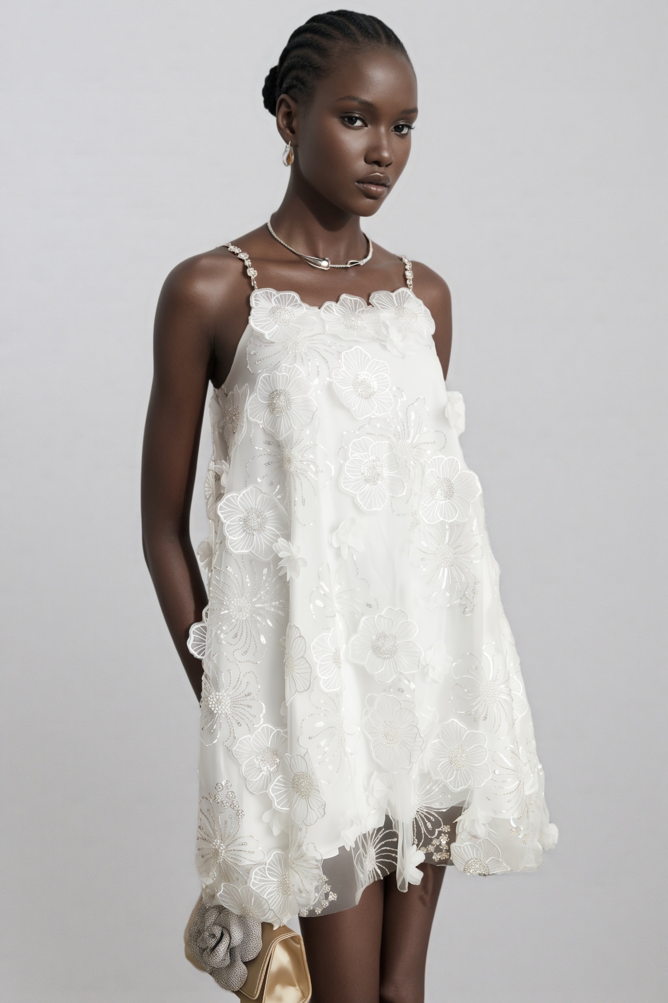 Darirke White Flower Sequin Mesh Mini Dress