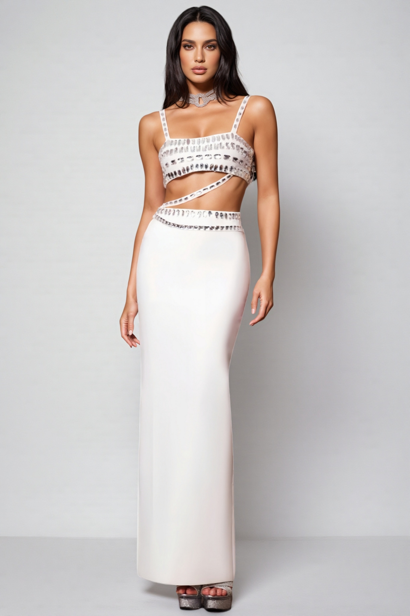Megan Studded Suspender Halter Maxi Dress Set
