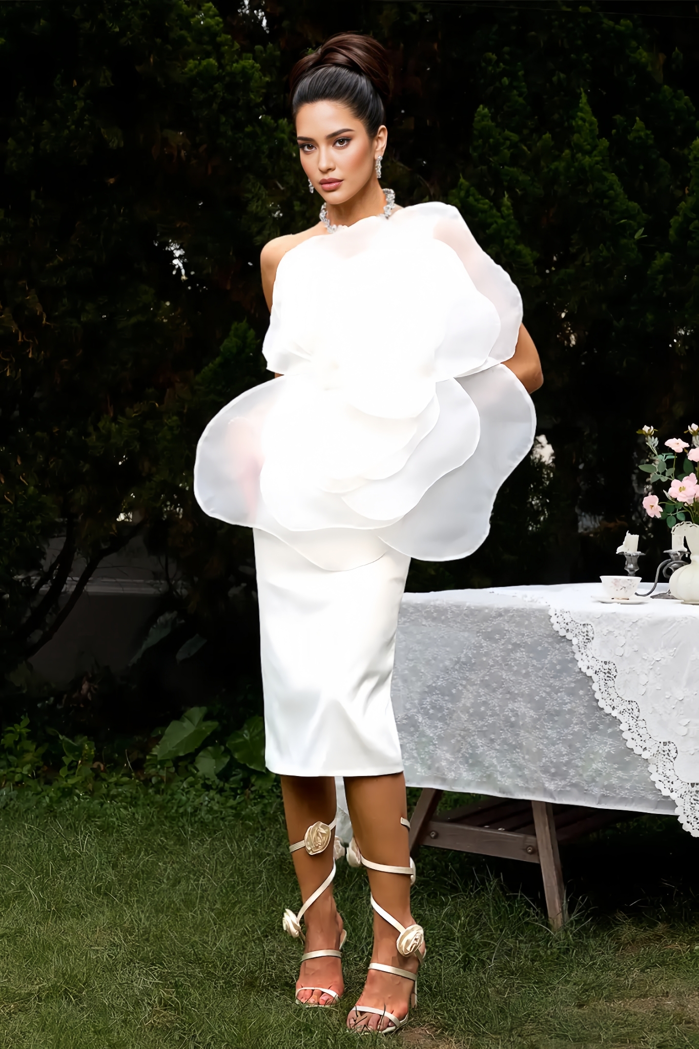 Linia Slant Shoulder 3D Floral Midi Dress-White