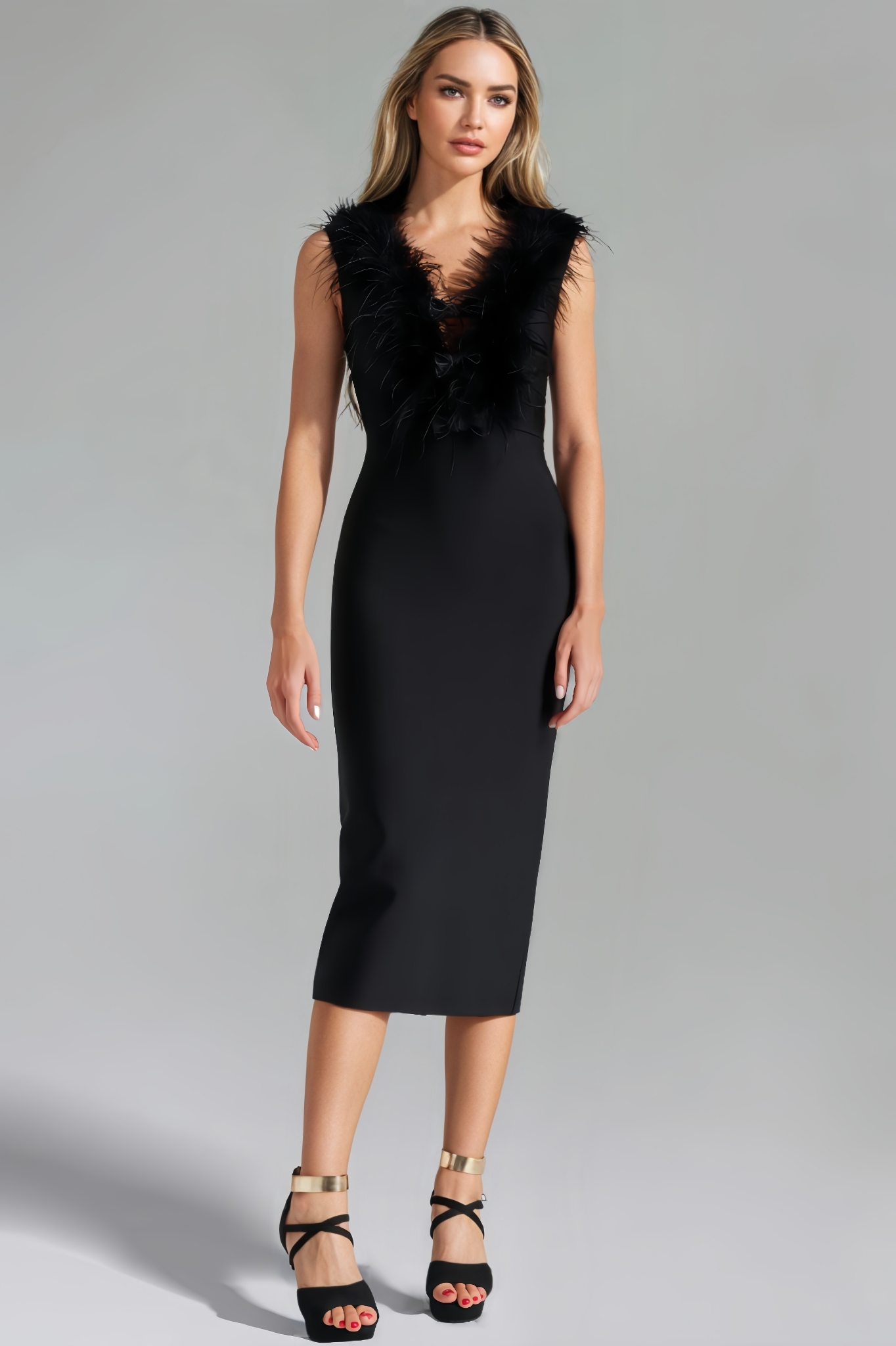 Lakei Feather V Neck Bandage Midi Dress