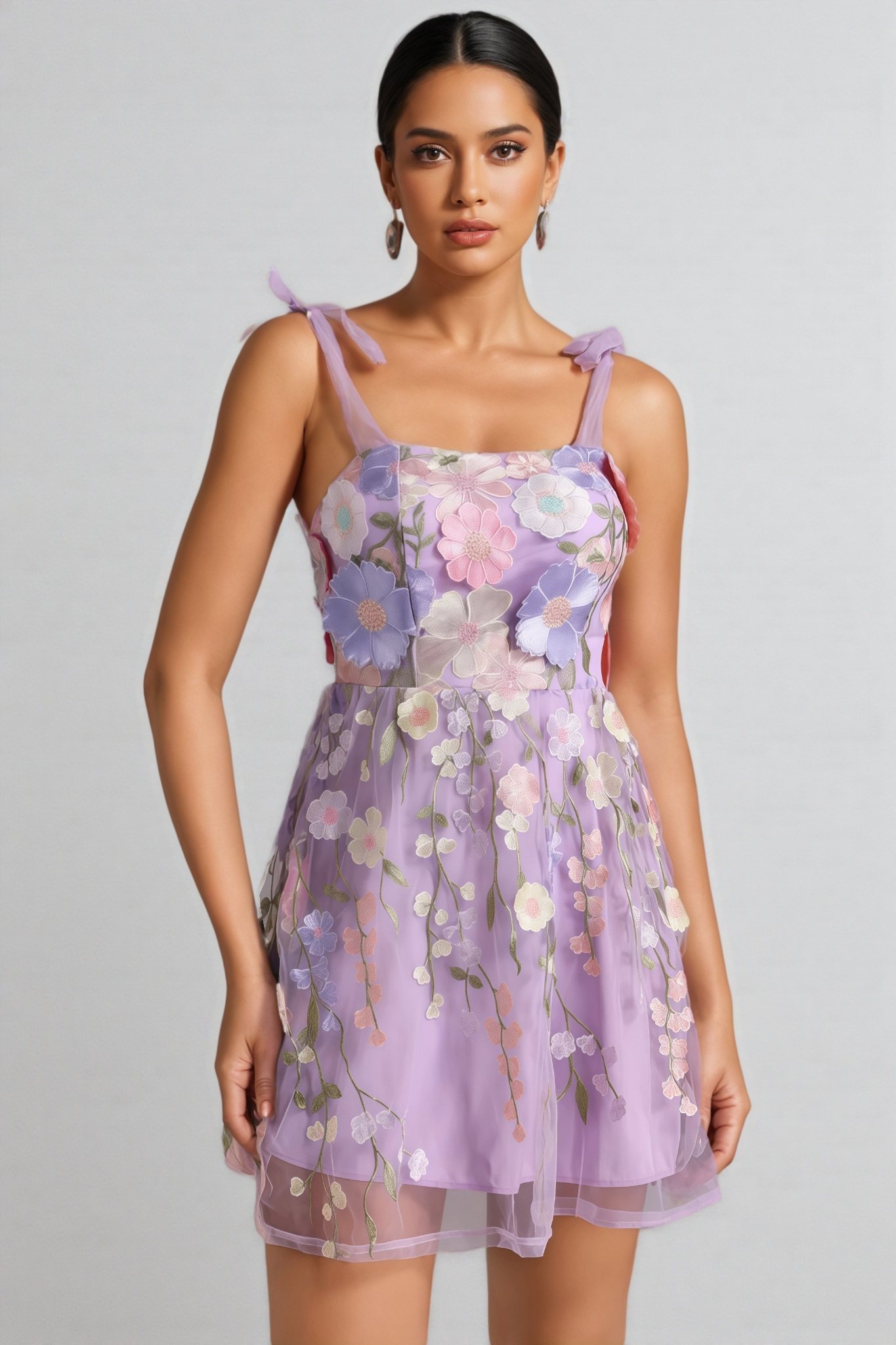 Beryl Flower Strappy Mesh Mini Dress