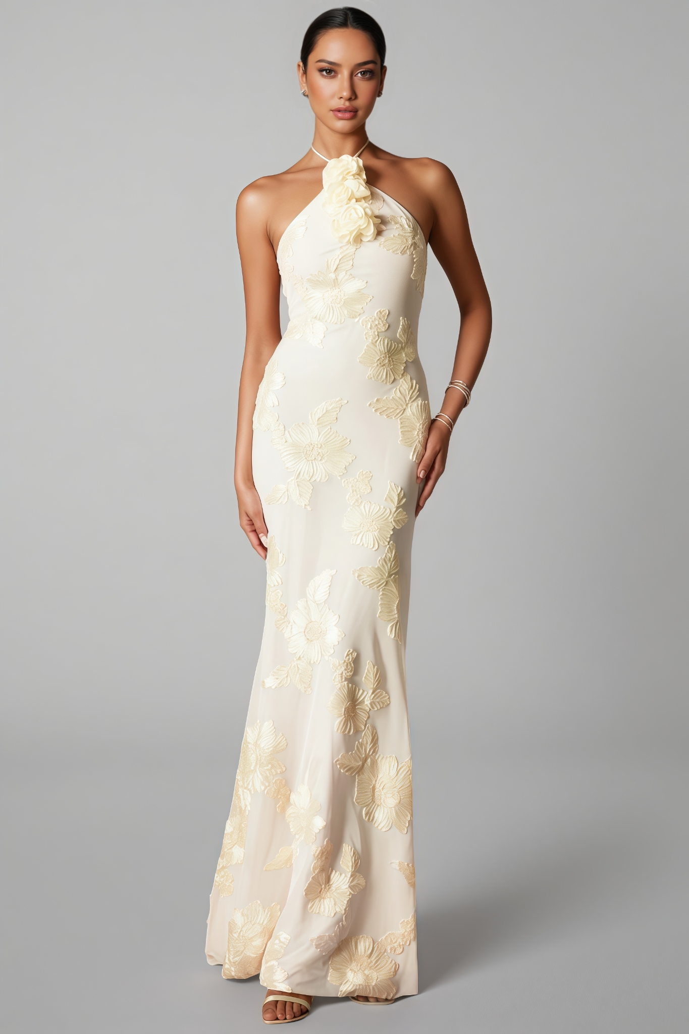 Jacova Flower Halter Embroidery Maxi Dress