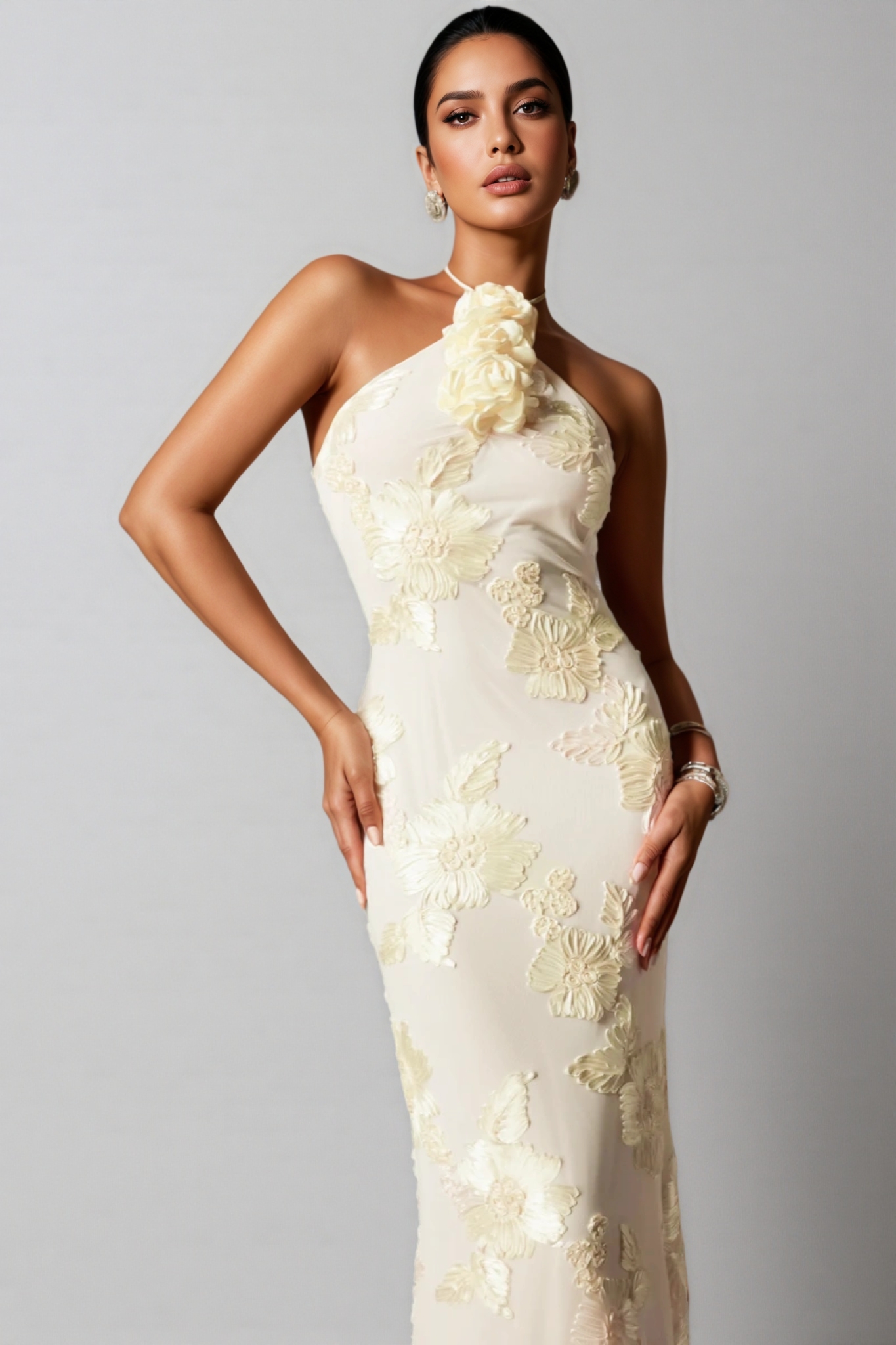 Jacova Flower Halter Embroidery Maxi Dress