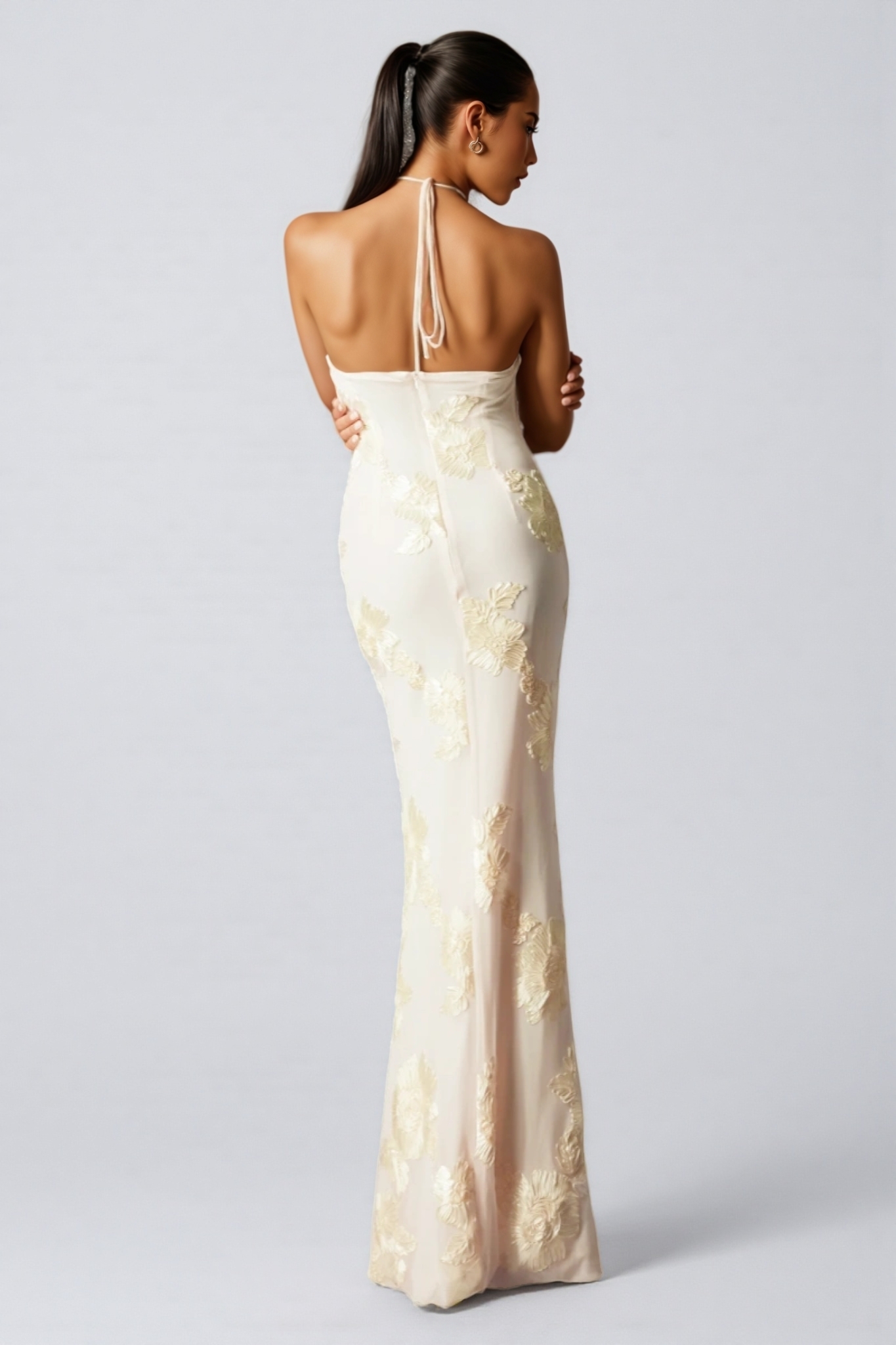 Jacova Flower Halter Embroidery Maxi Dress