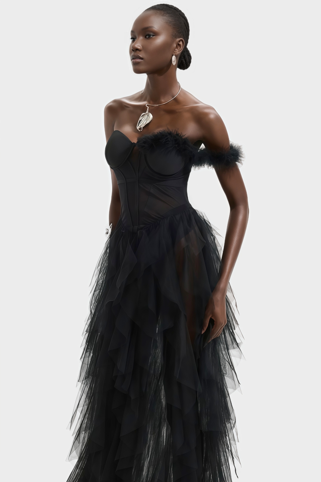 Mia One Shoulder Feather Maxi Dress