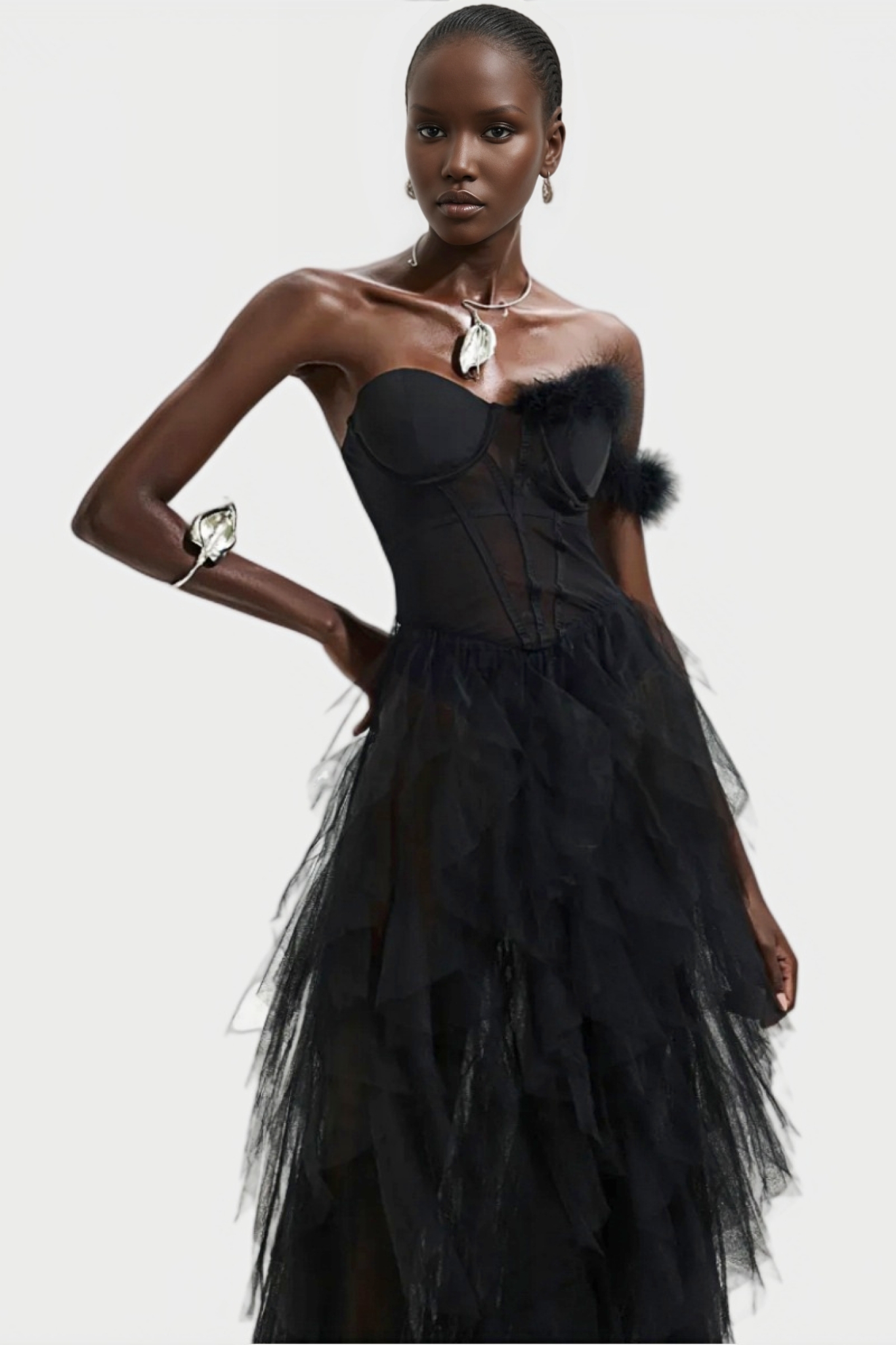 Mia One Shoulder Feather Maxi Dress