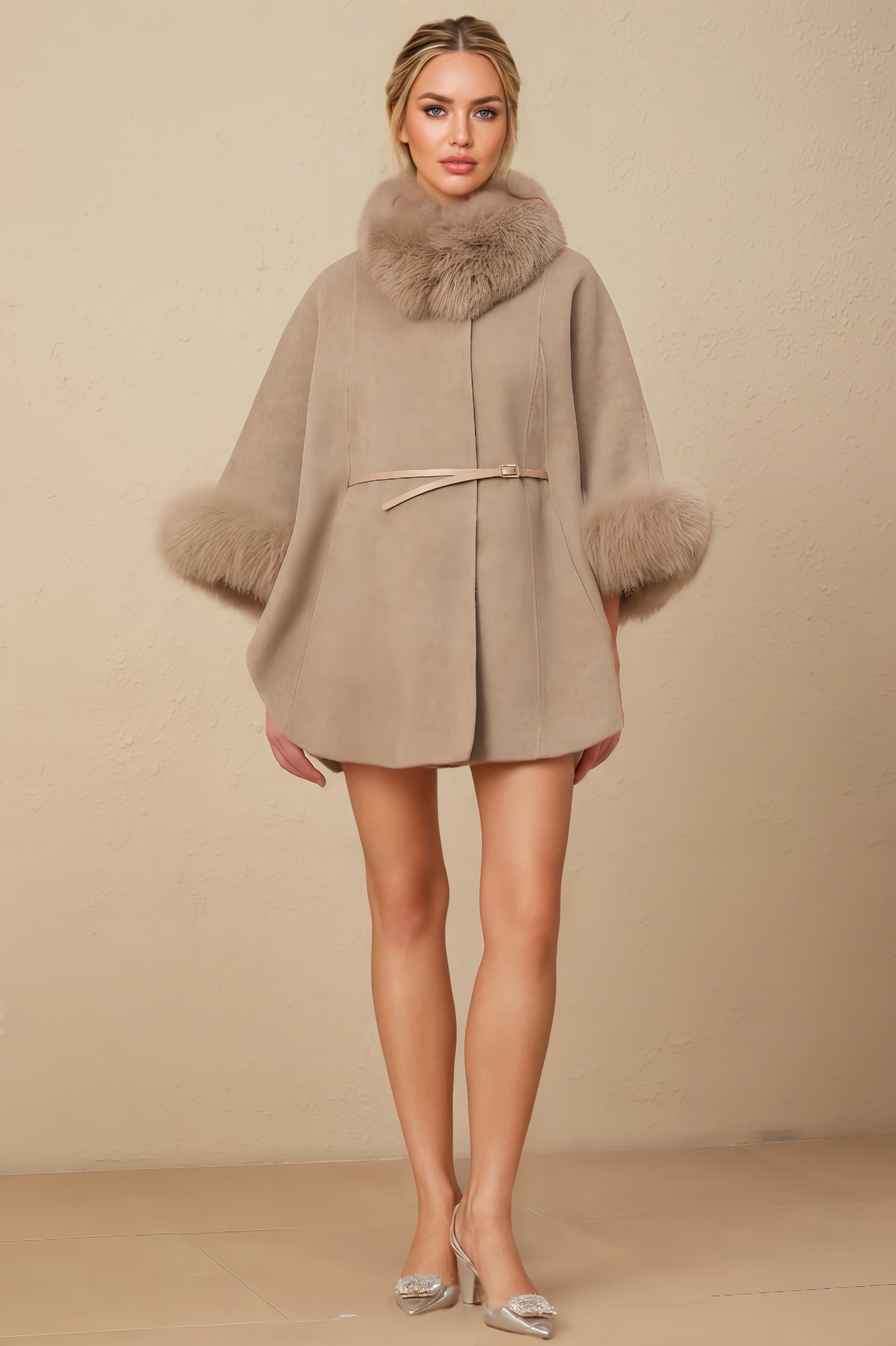 Wool Fur Belted Cape Mini Dress