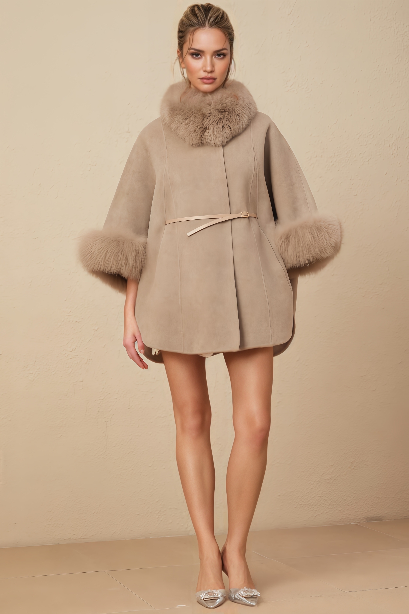 Wool Fur Belted Cape Mini Dress