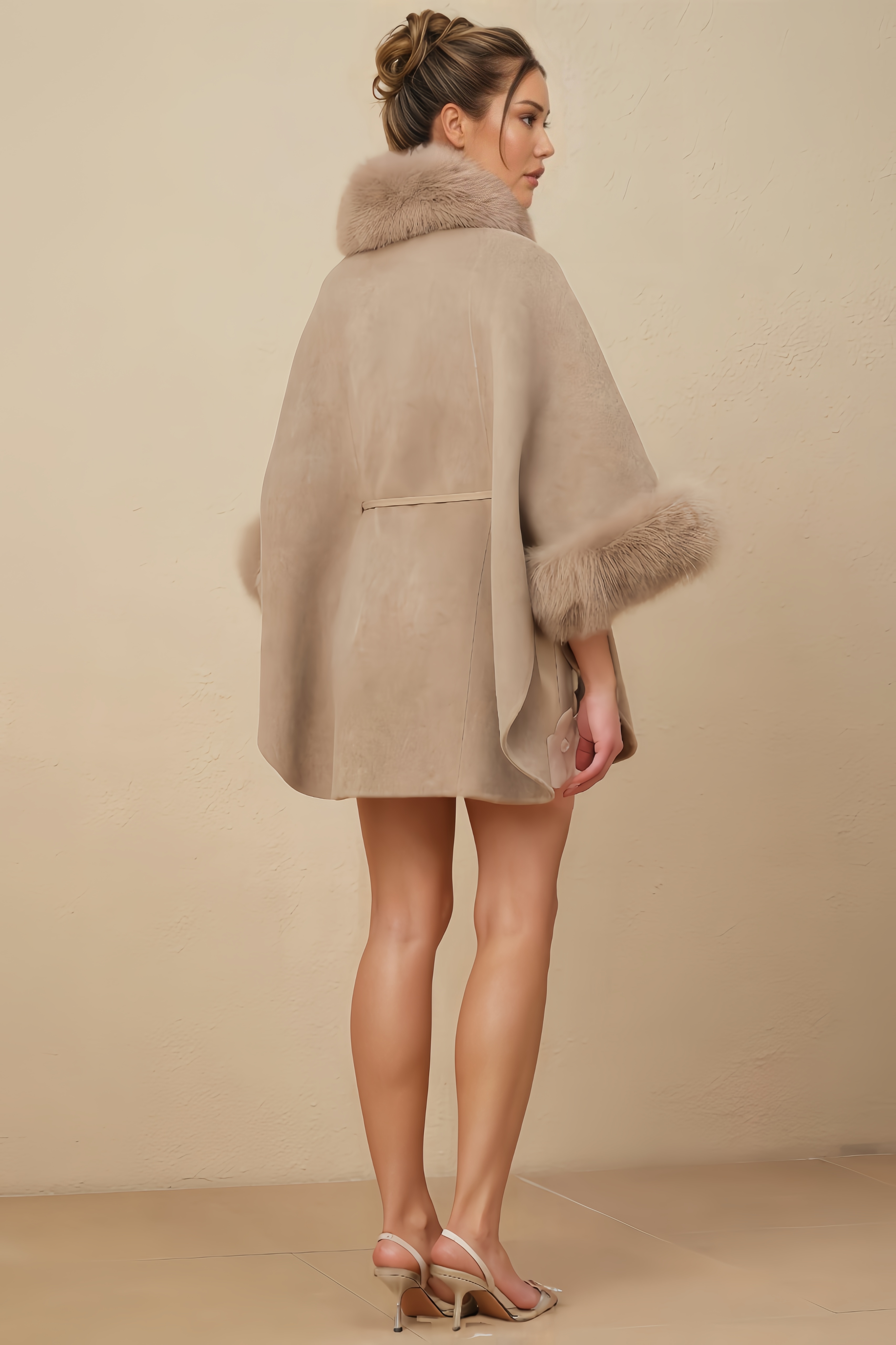Wool Fur Belted Cape Mini Dress