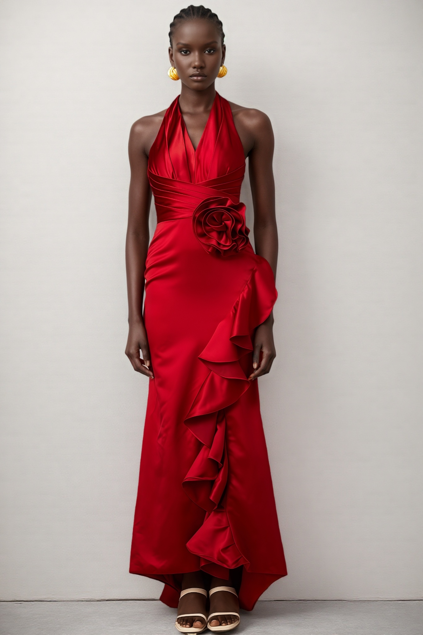 Caiusa Red 3D Floral Ruffle Maxi Dress