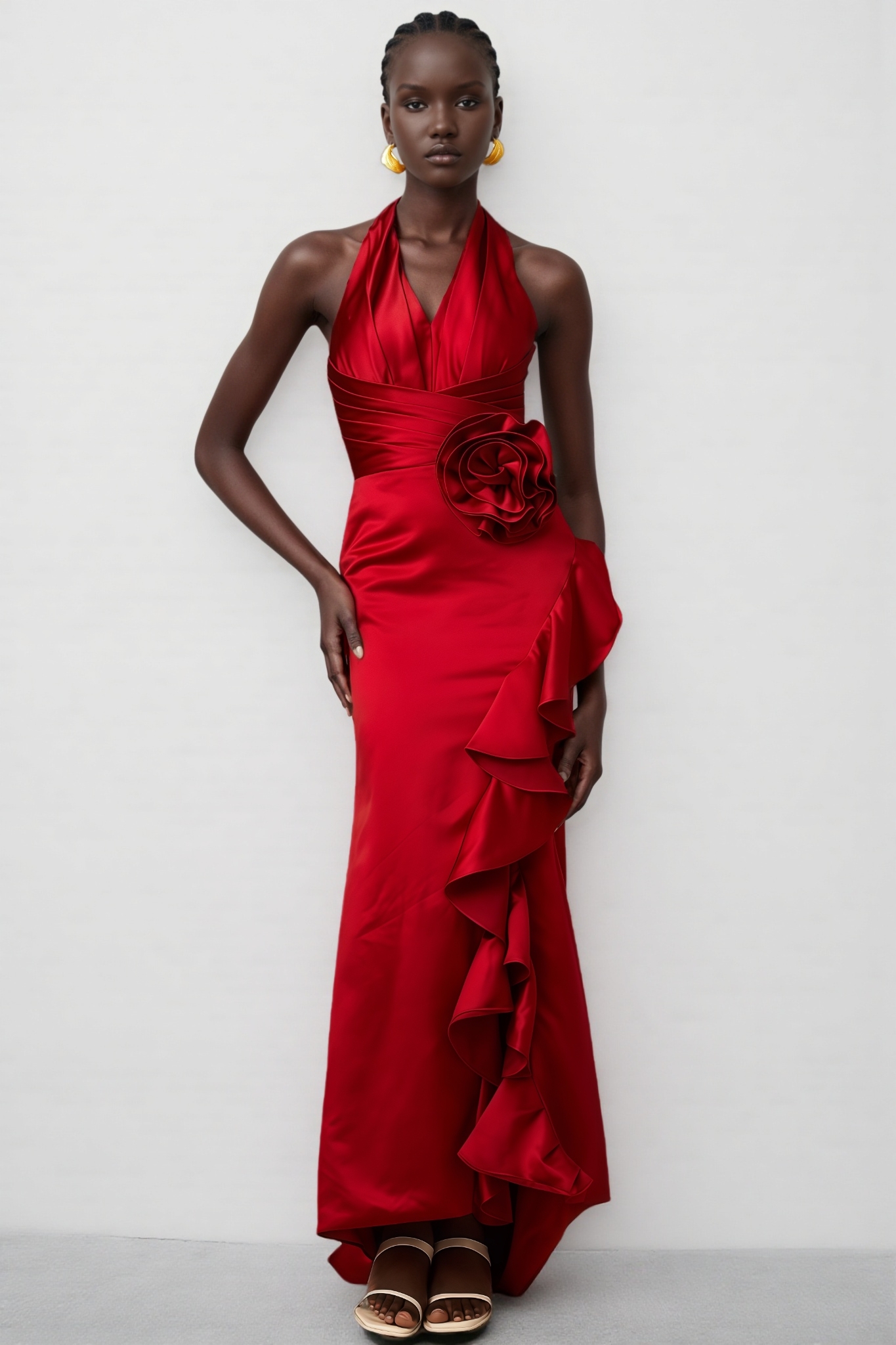 Caiusa Red 3D Floral Ruffle Maxi Dress