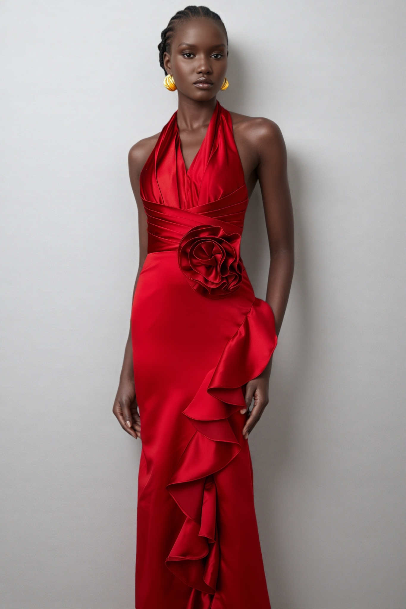 Caiusa Red 3D Floral Ruffle Maxi Dress