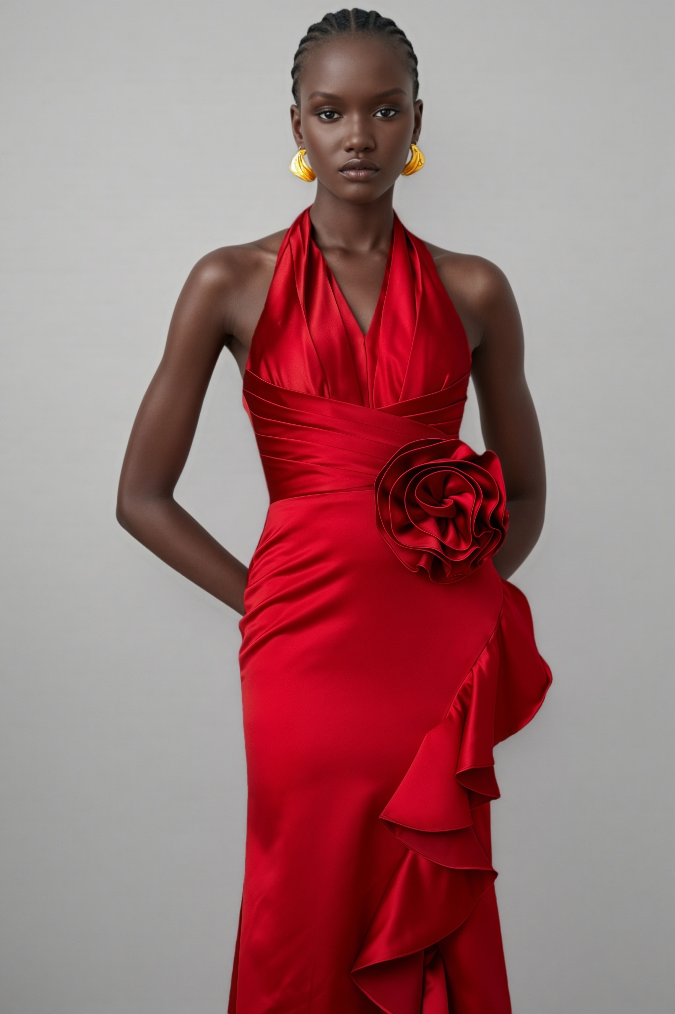 Caiusa Red 3D Floral Ruffle Maxi Dress