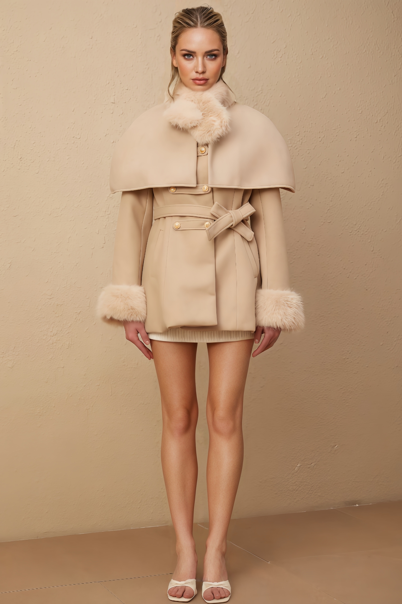 Detachable-Cape Faux-Fur Mini Dress