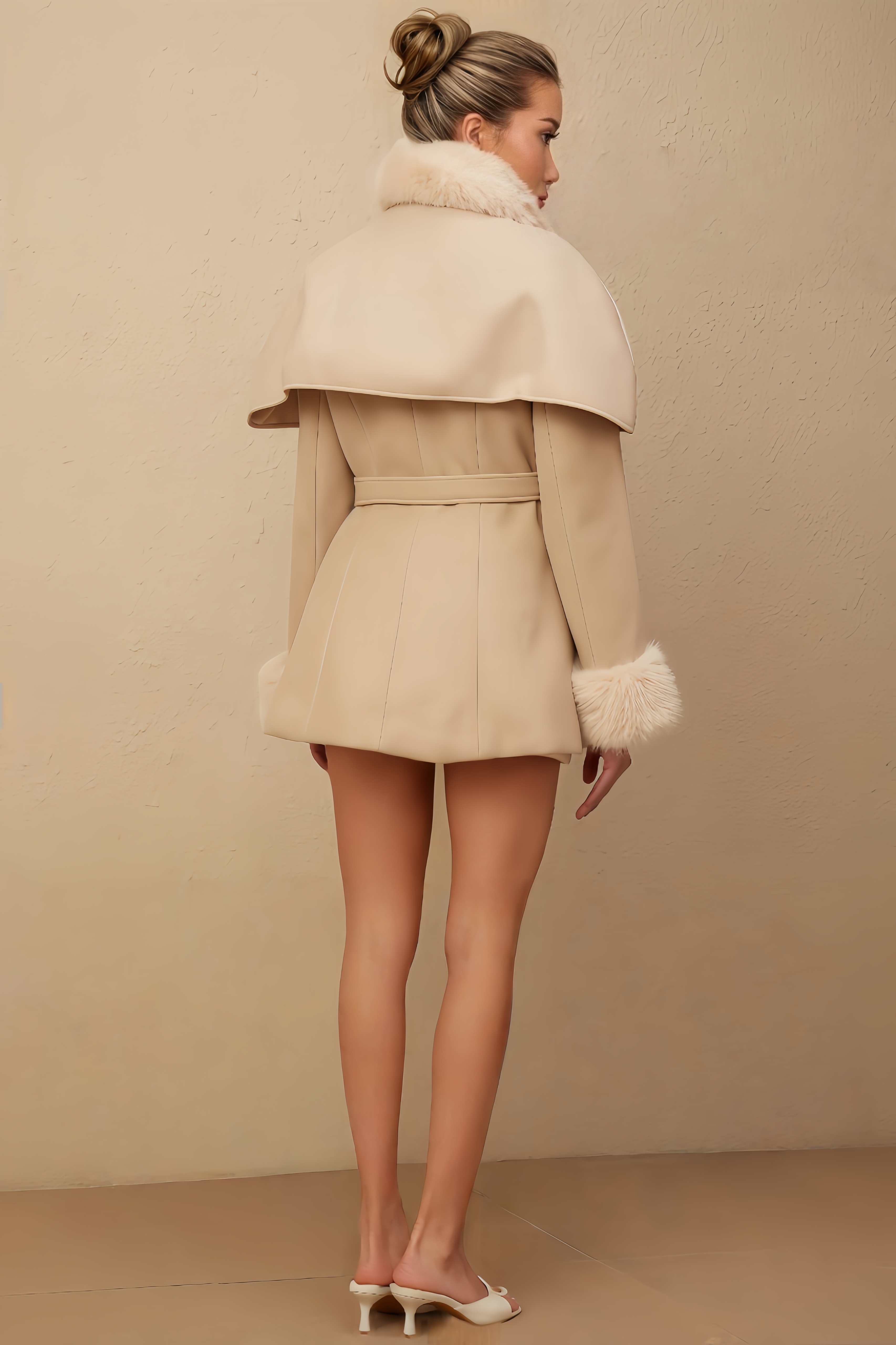 Detachable-Cape Faux-Fur Mini Dress