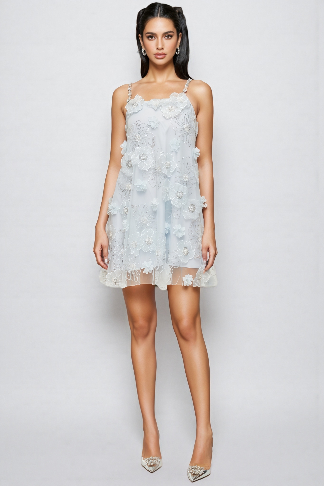 Marifd Blue Flower Sequin Mesh Mini Dress