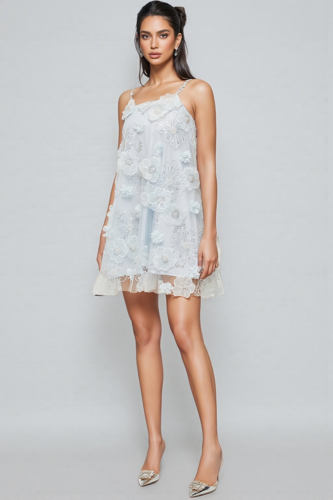 Marifd Blue Flower Sequin Mesh Mini Dress