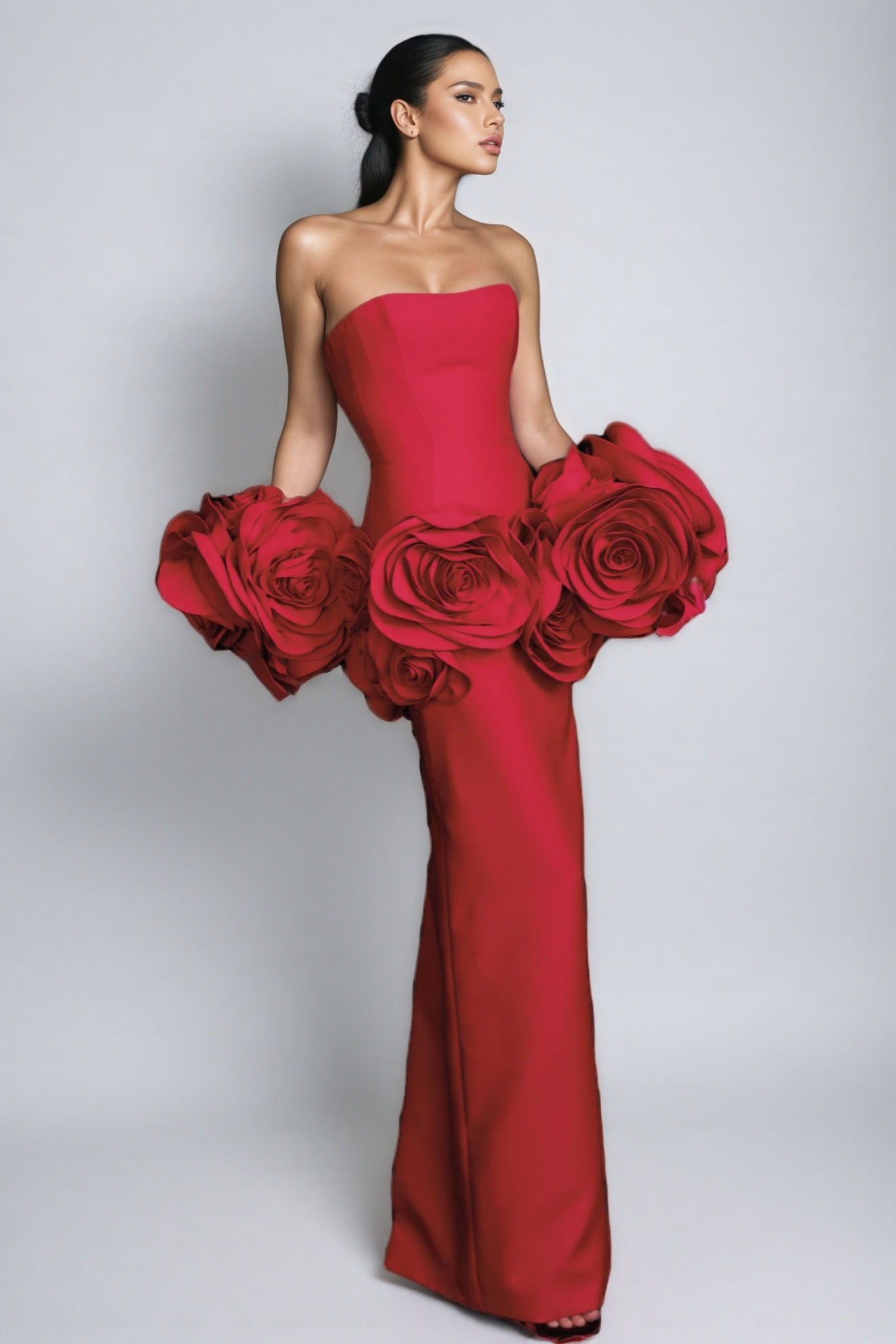 Huxen Red Backless Plunge 3D Floral Maxi Dress