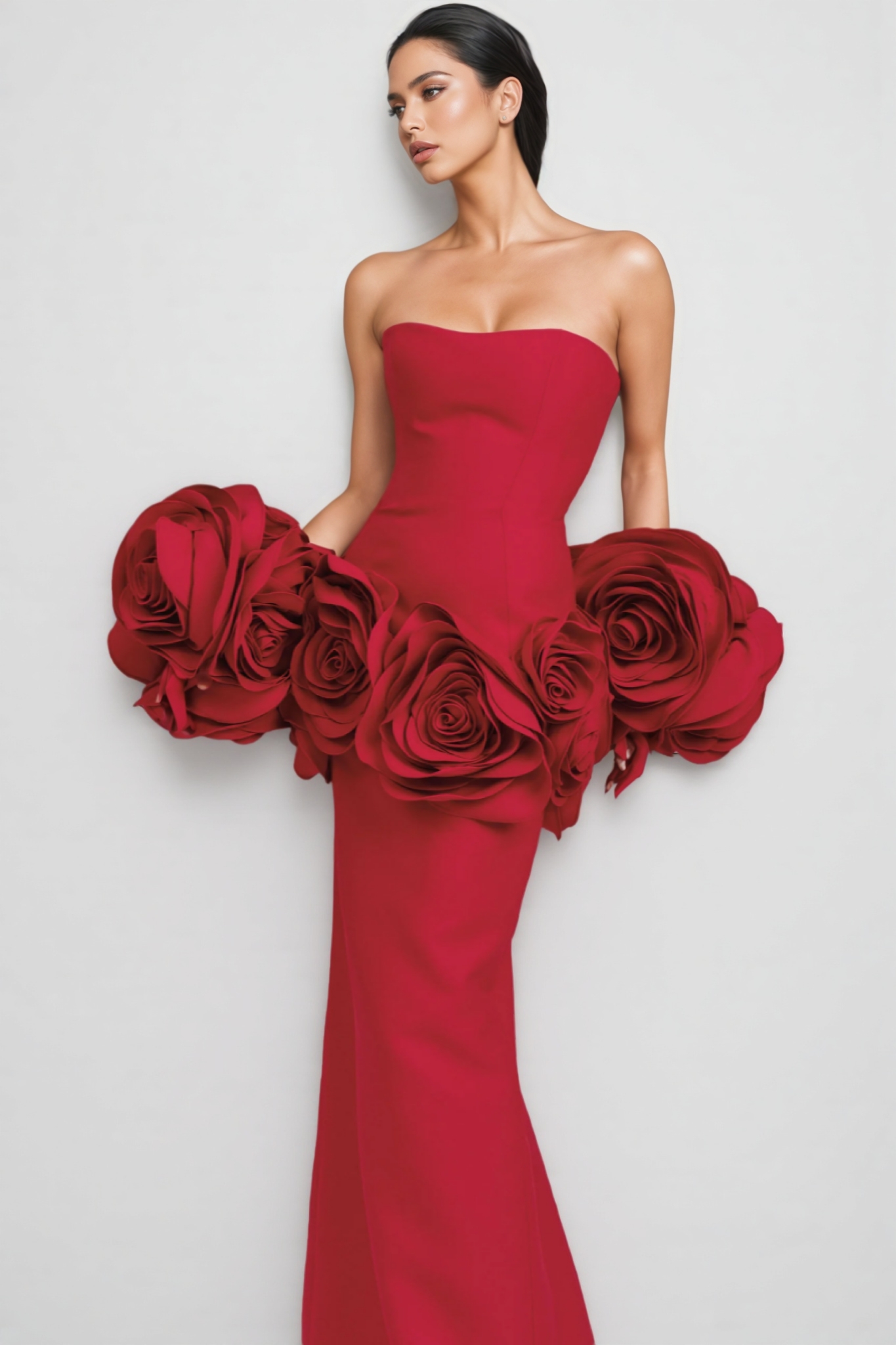 Huxen Red Backless Plunge 3D Floral Maxi Dress