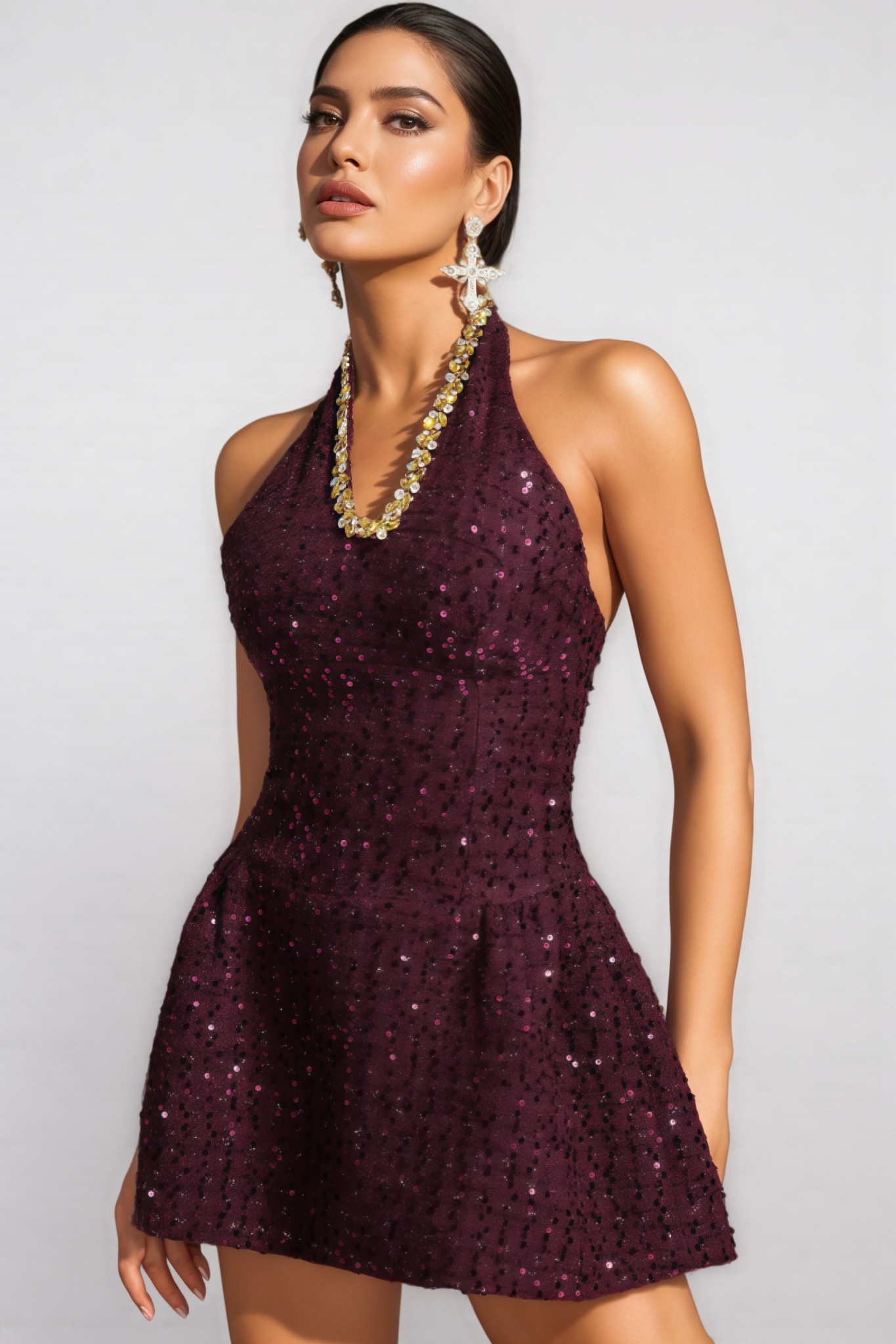 Sable Halterneck Crystal Sequin Mini Dress