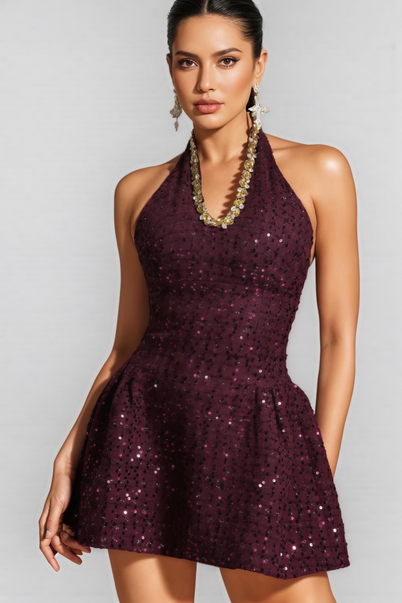 Sable Halterneck Crystal Sequin Mini Dress