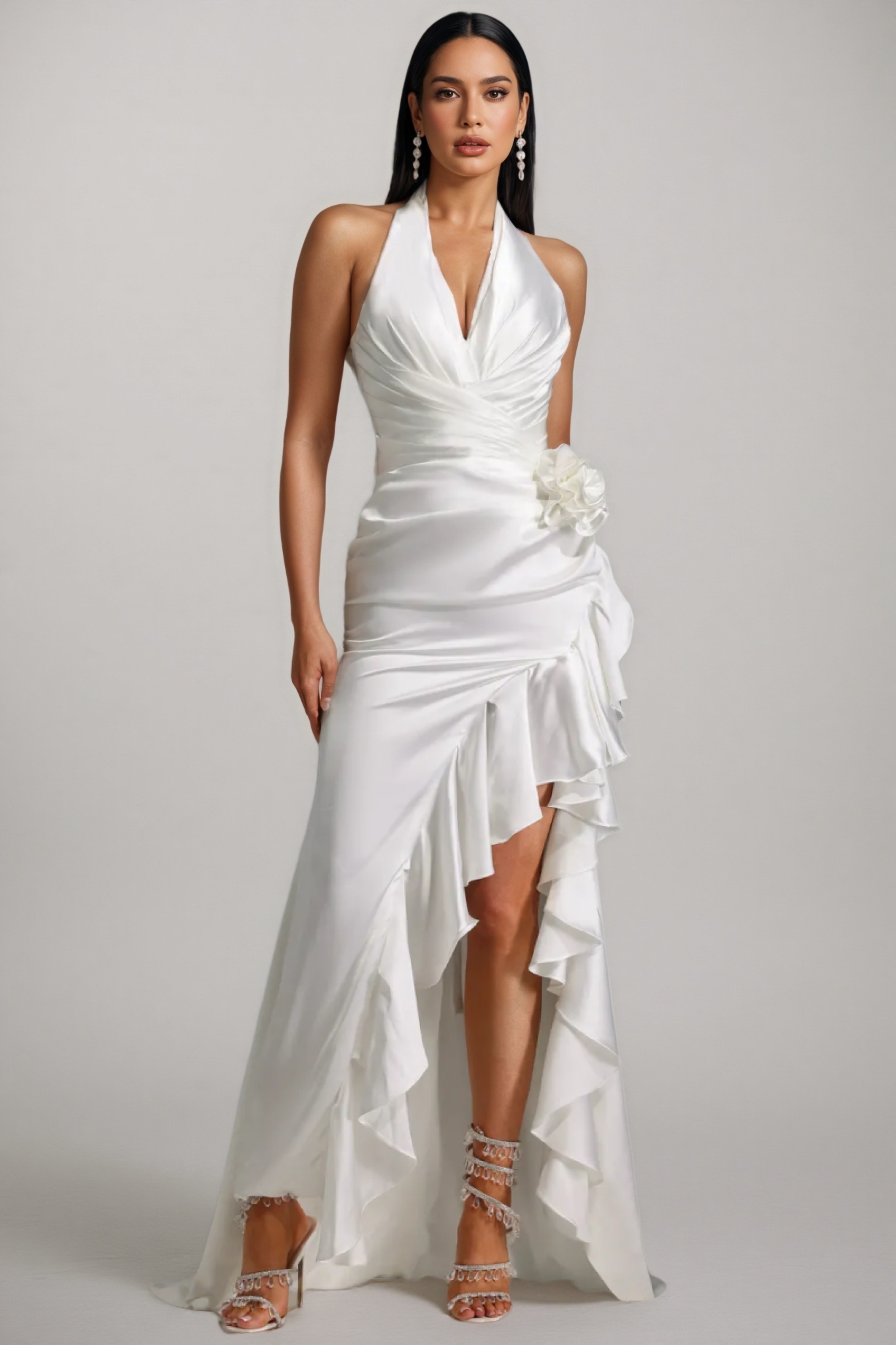 Mirisan Halter V-Neck Flowers Flounce Maxi Dress