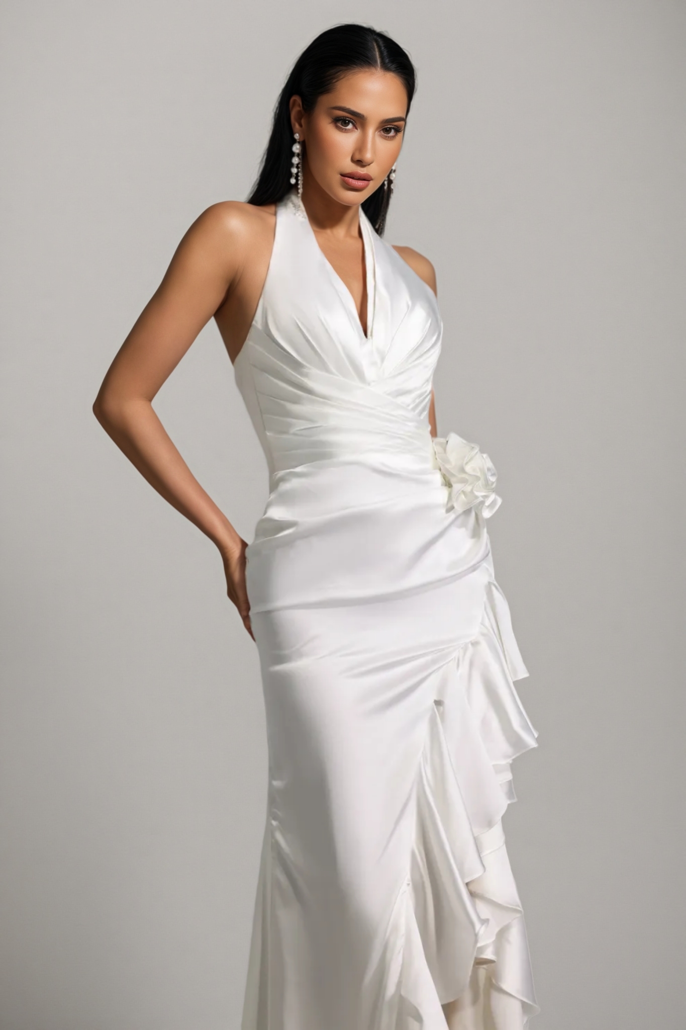 Mirisan Halter V-Neck Flowers Flounce Maxi Dress