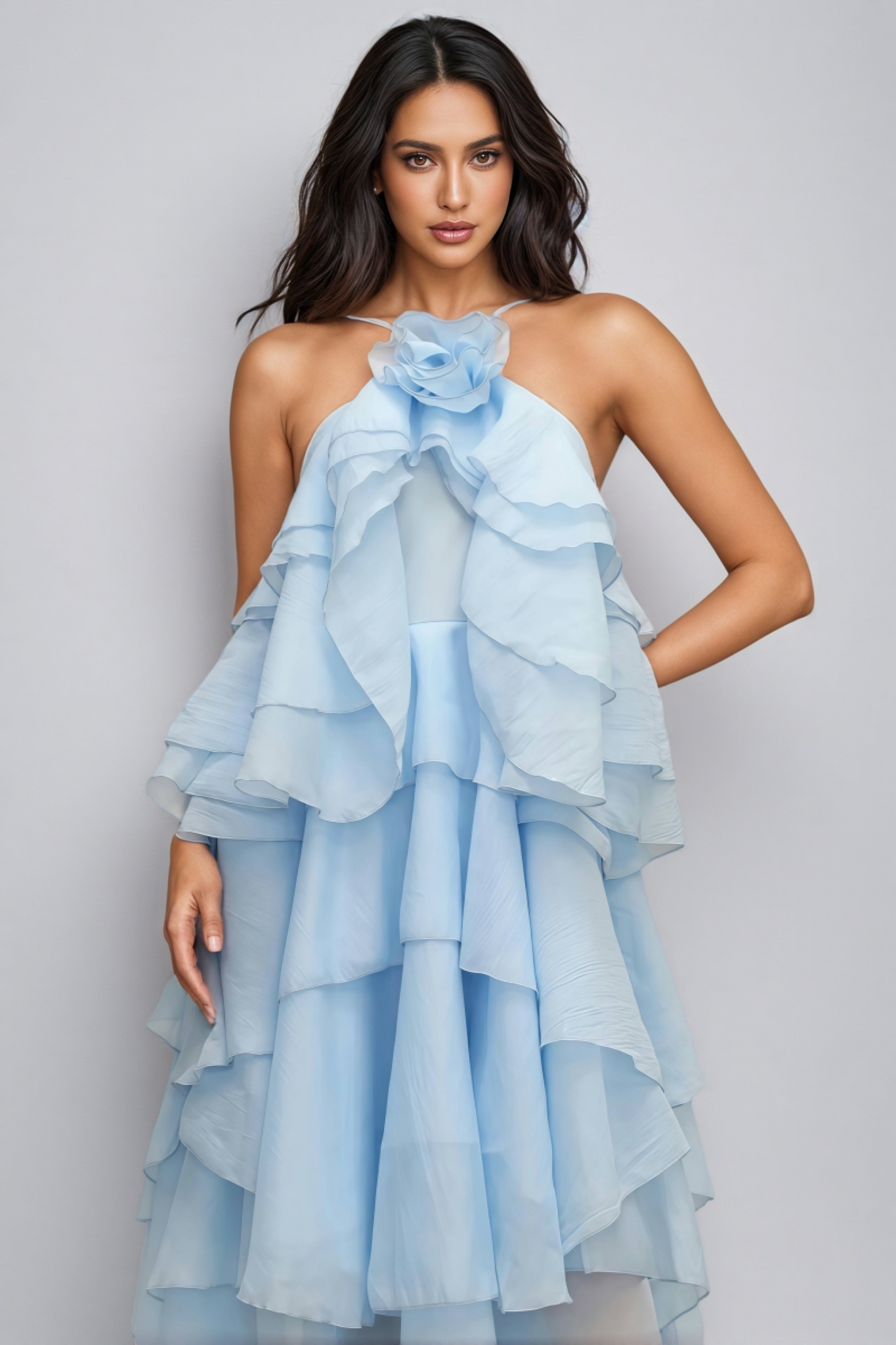 Kaelly Sleeveless Flower Folds Maxi Dress