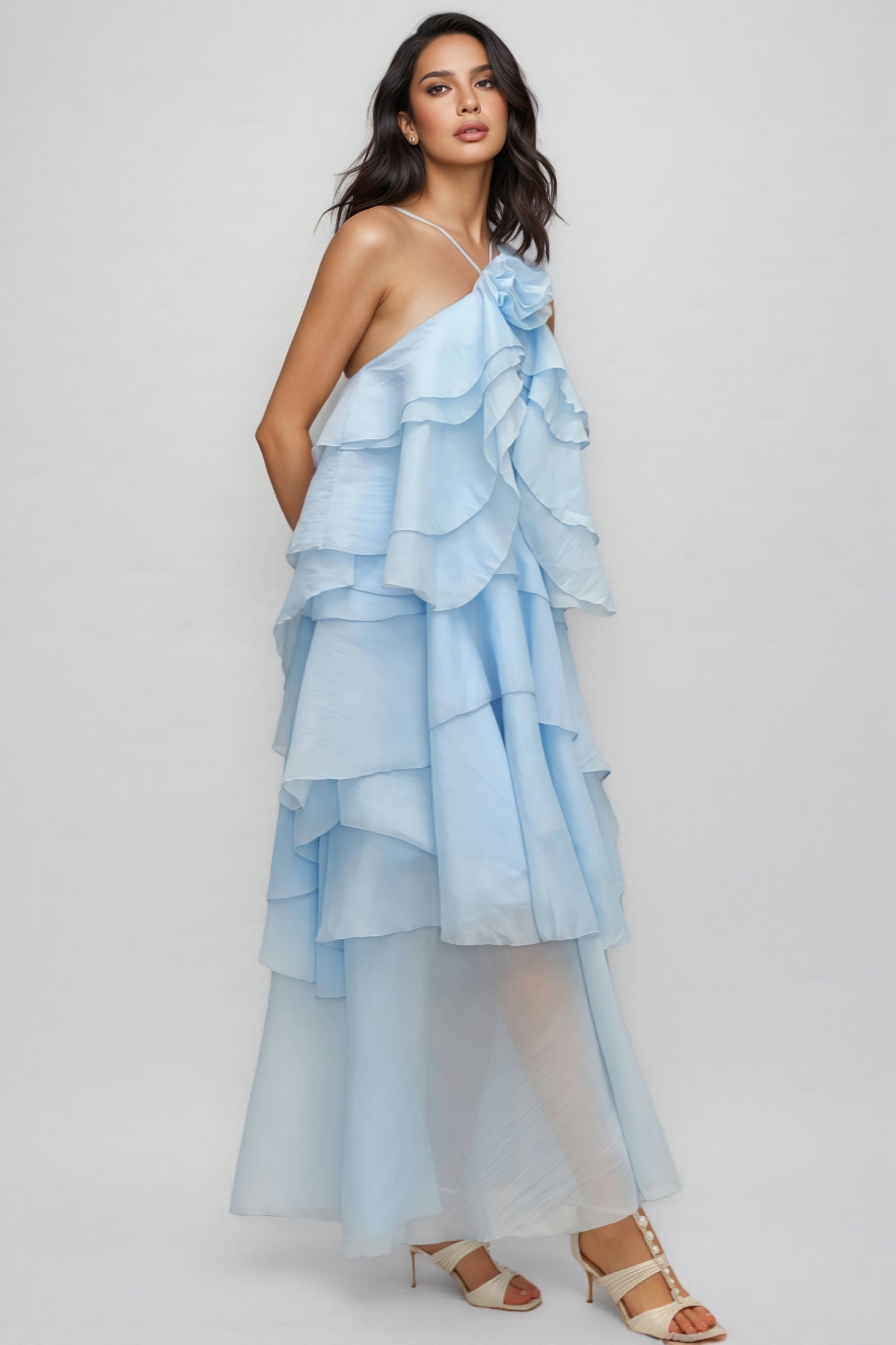 Kaelly Sleeveless Flower Folds Maxi Dress