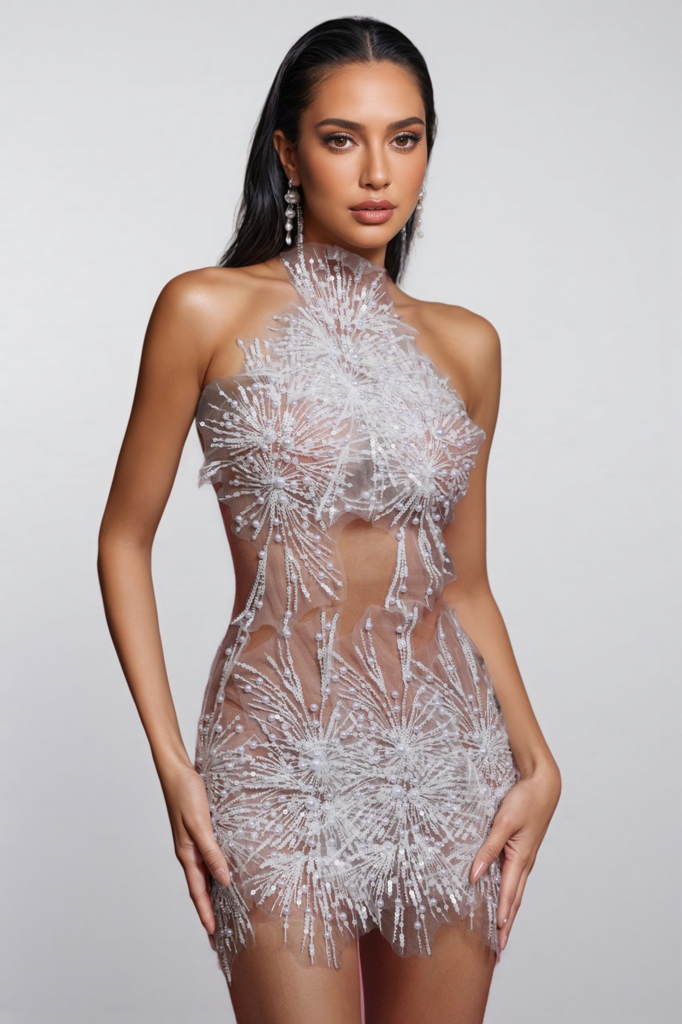 Allanas Sleeveless Choker Sequin Pearl Mini Dress