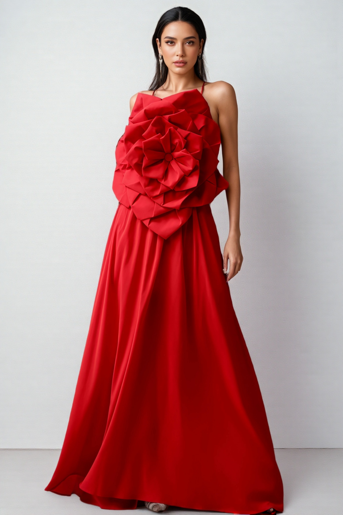 Venke Red Strapless 3D Flower Maxi Dress