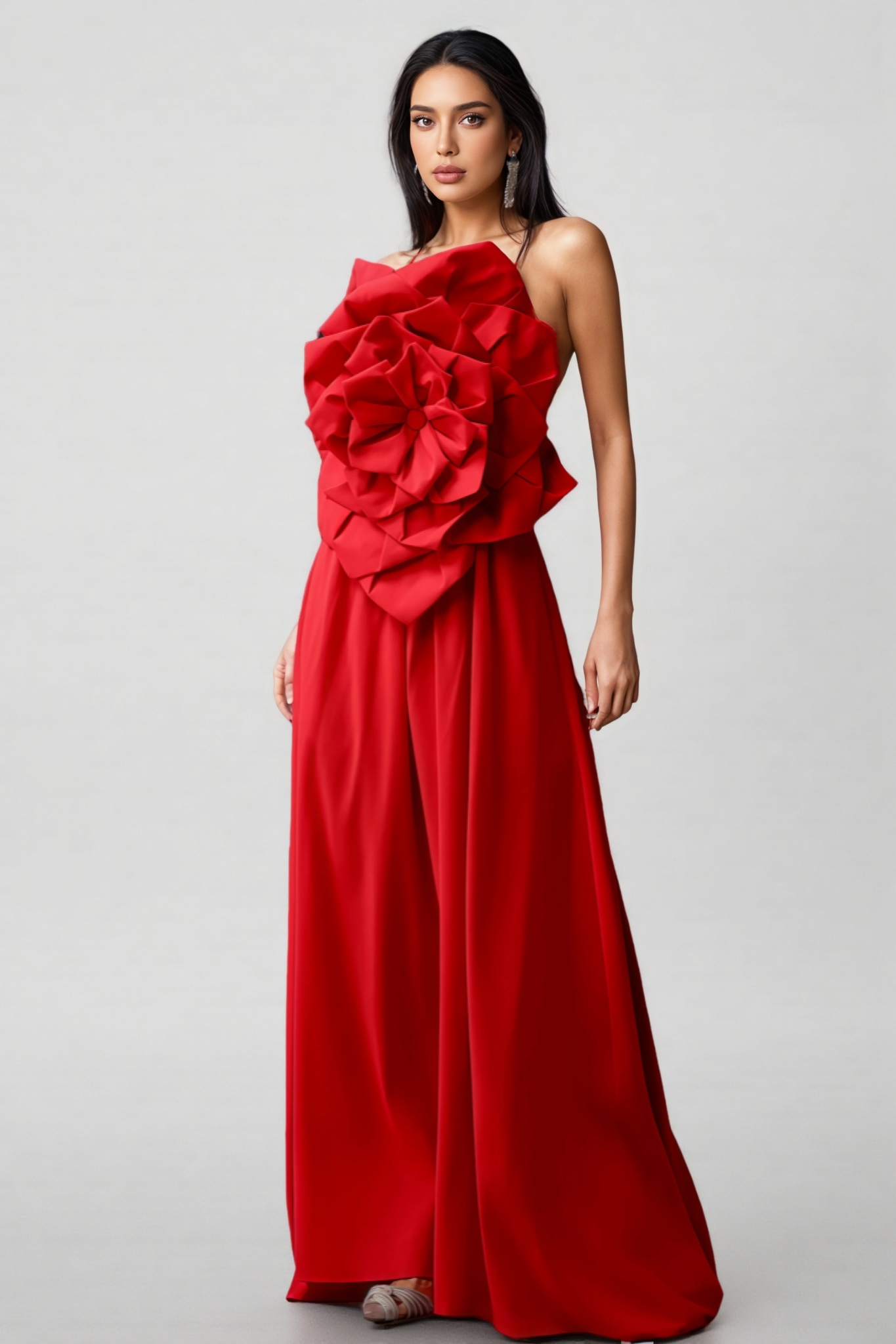 Venke Red Strapless 3D Flower Maxi Dress