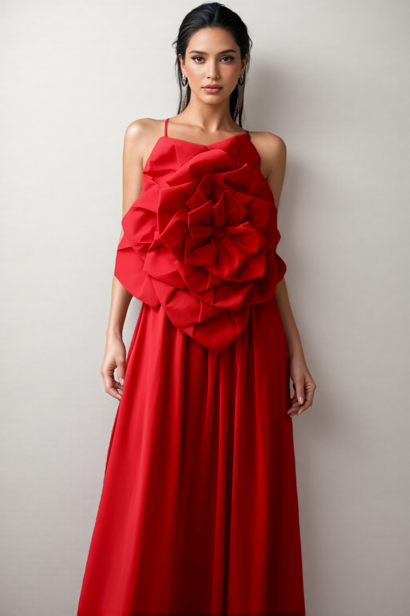 Venke Red Strapless 3D Flower Maxi Dress