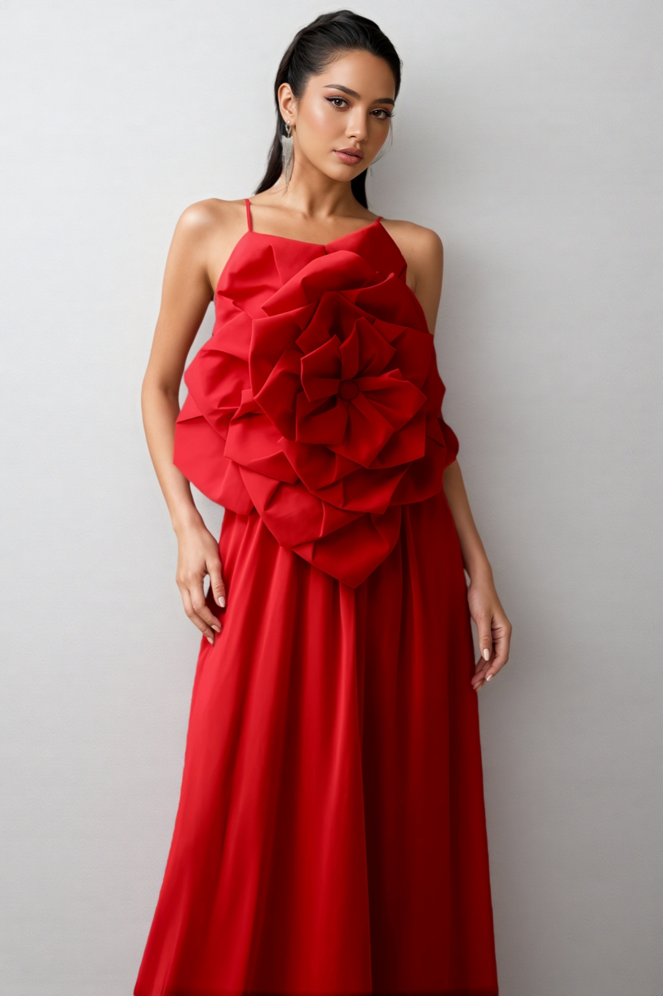 Venke Red Strapless 3D Flower Maxi Dress