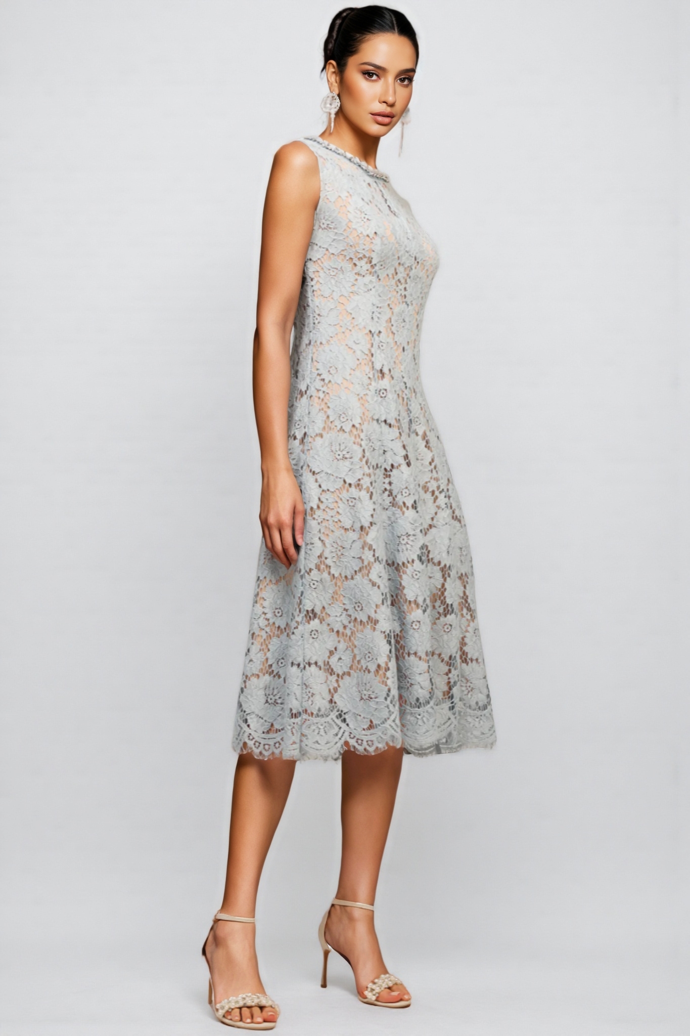 Noxlk Sleeveless Diamond Pearl Midi Dress