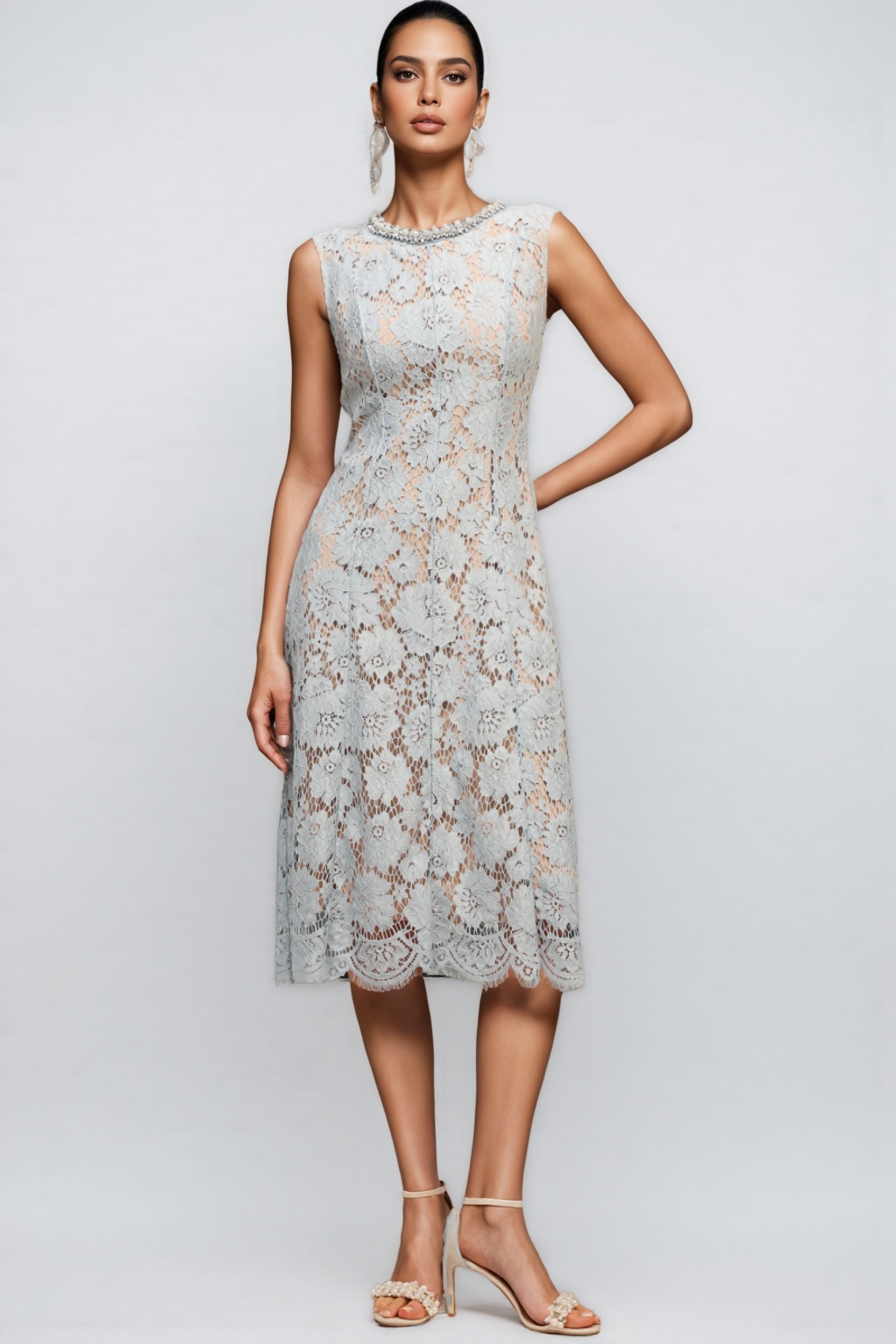 Noxlk Sleeveless Diamond Pearl Midi Dress