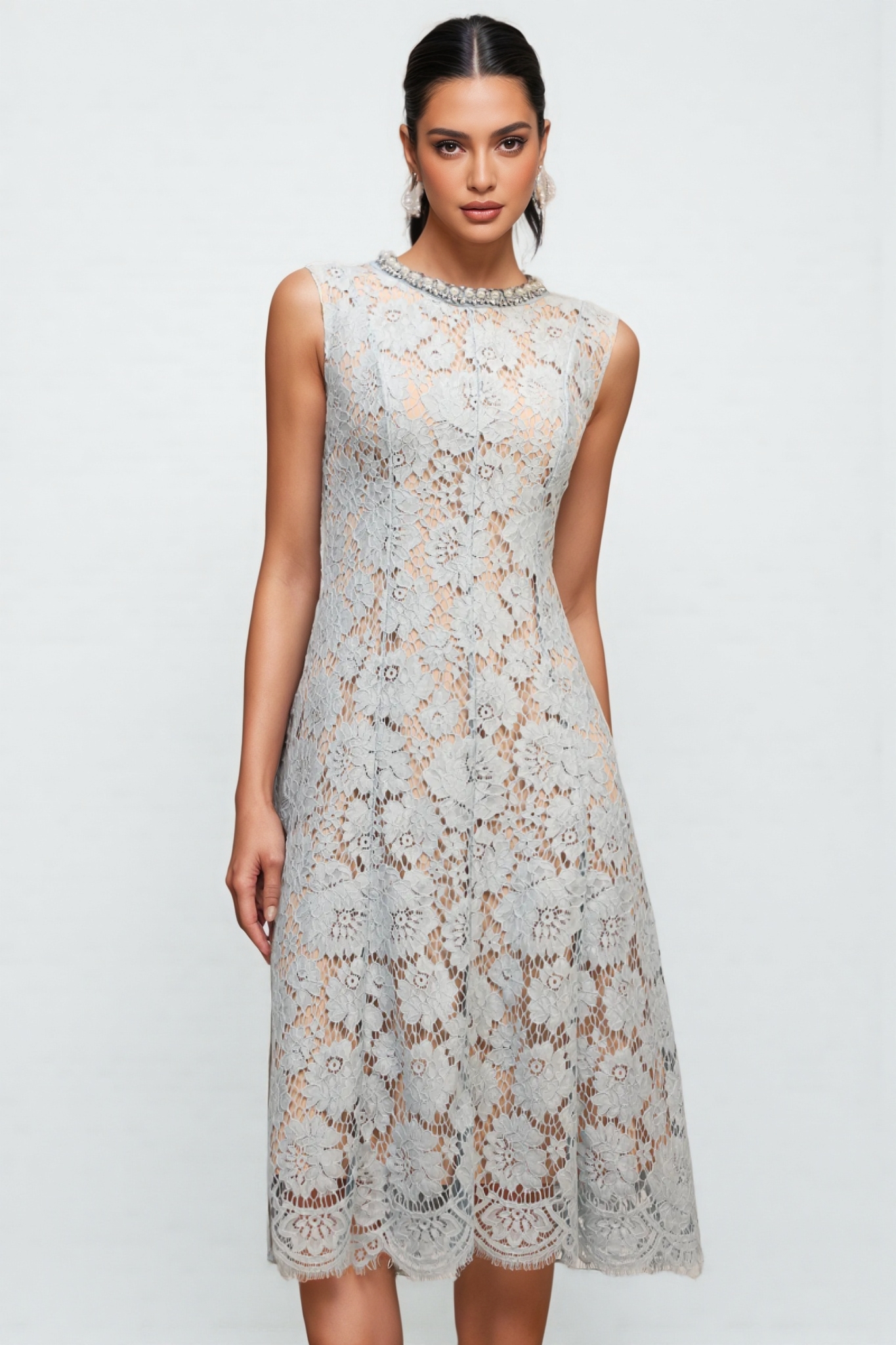 Noxlk Sleeveless Diamond Pearl Midi Dress