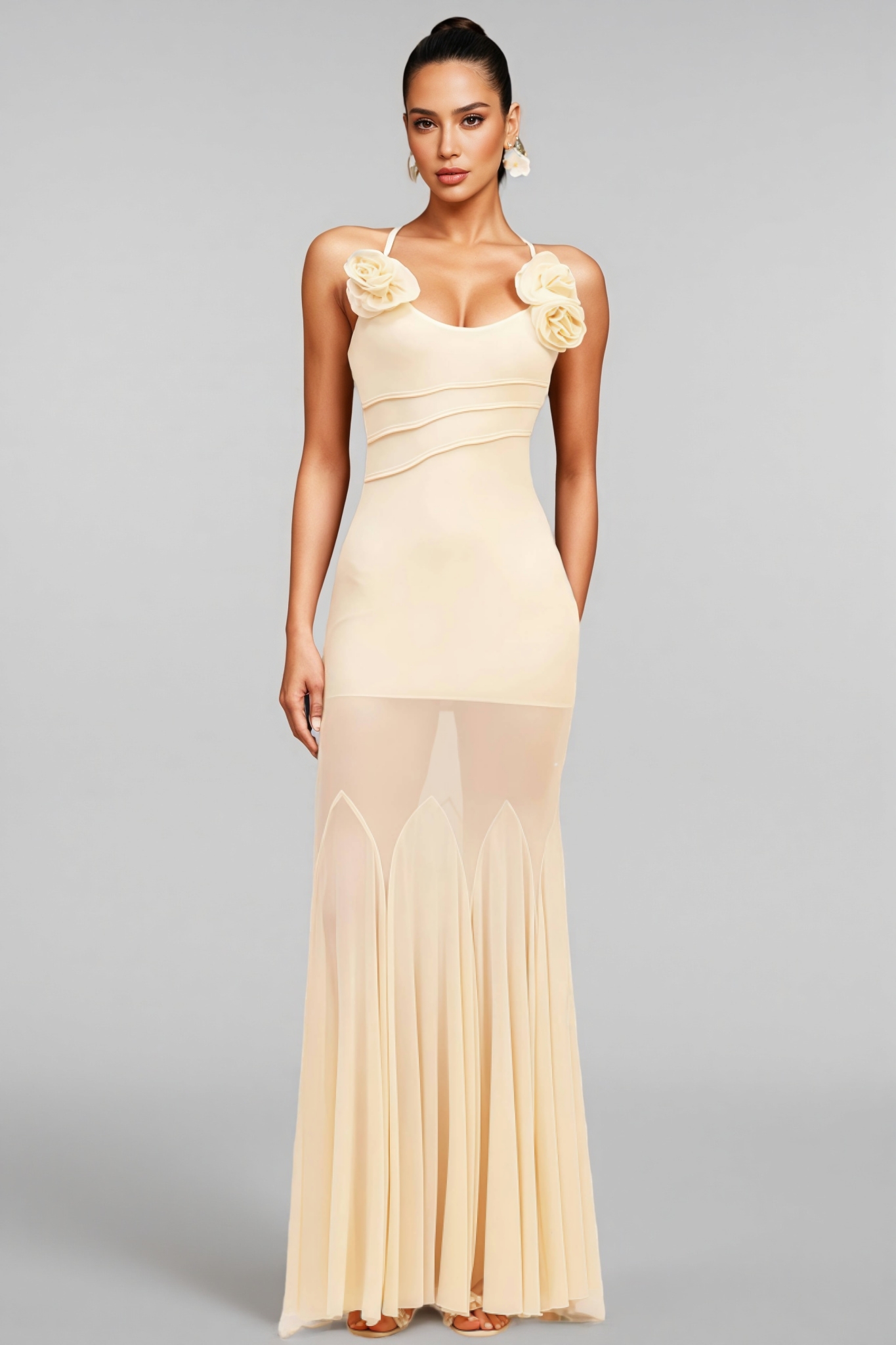 Orialk 3D Flower Halter Neck Mesh Maxi Dress