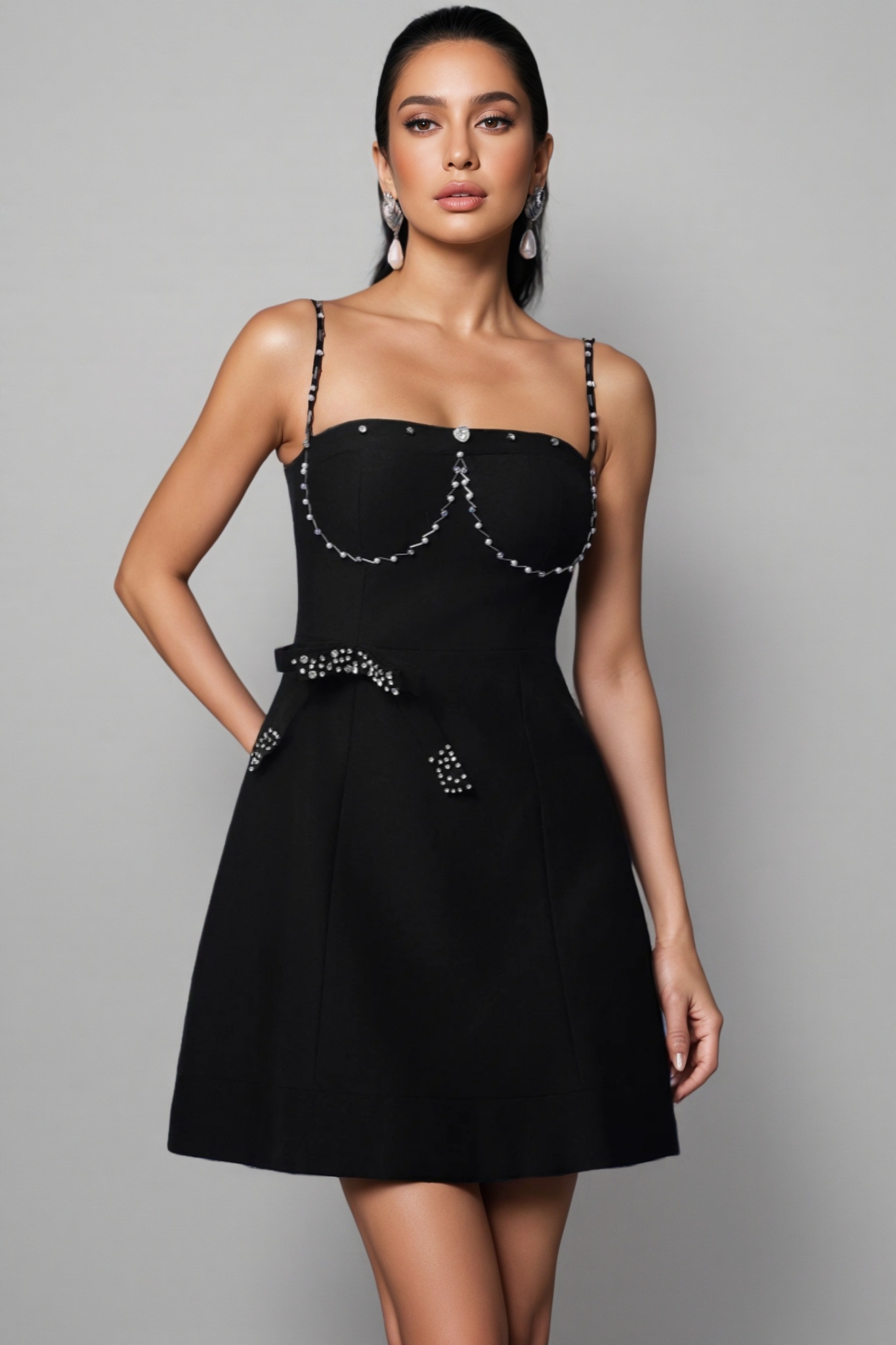 Thaliy Sleeveless Diamond Bows Mini Dress