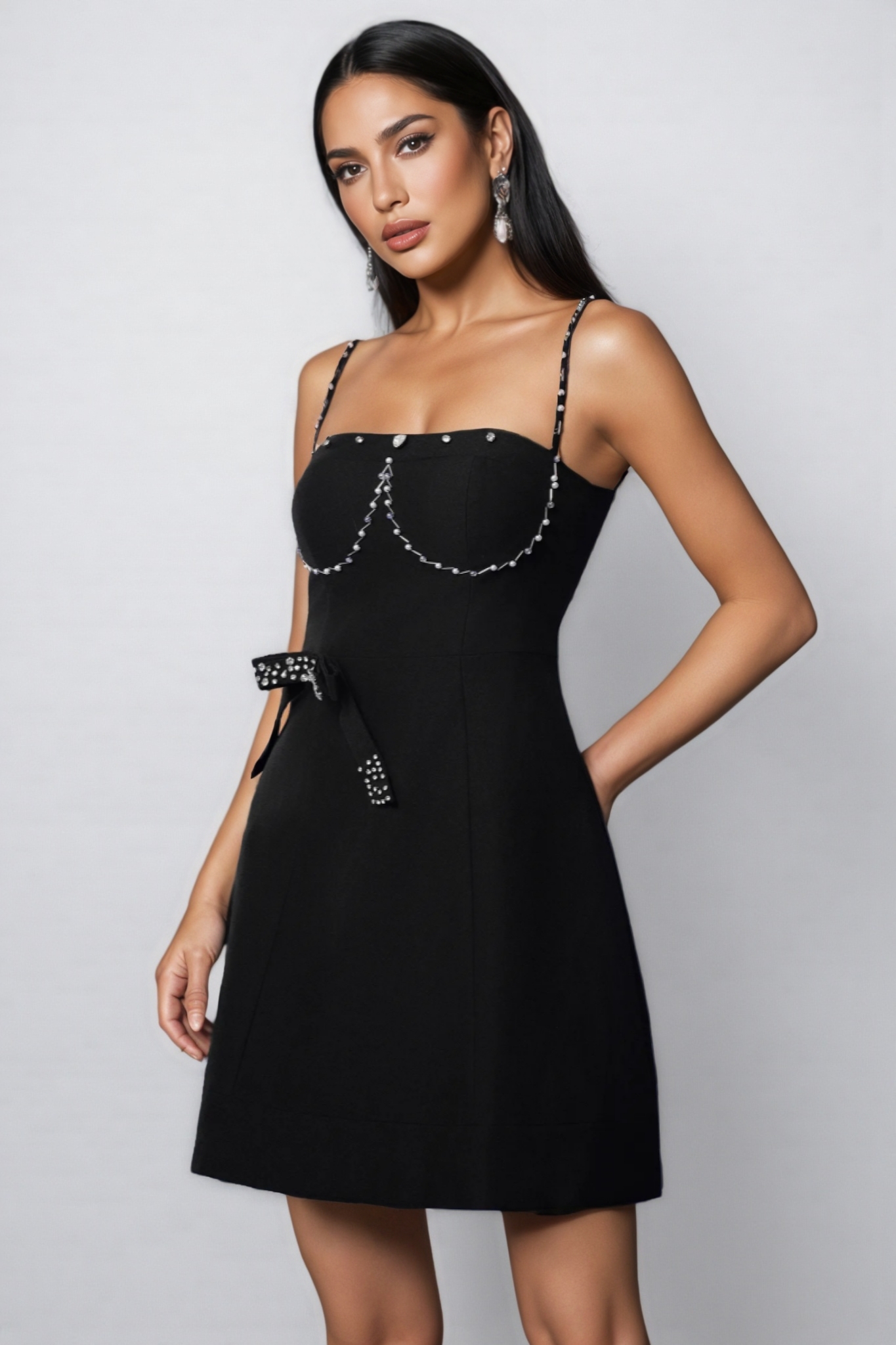 Thaliy Sleeveless Diamond Bows Mini Dress