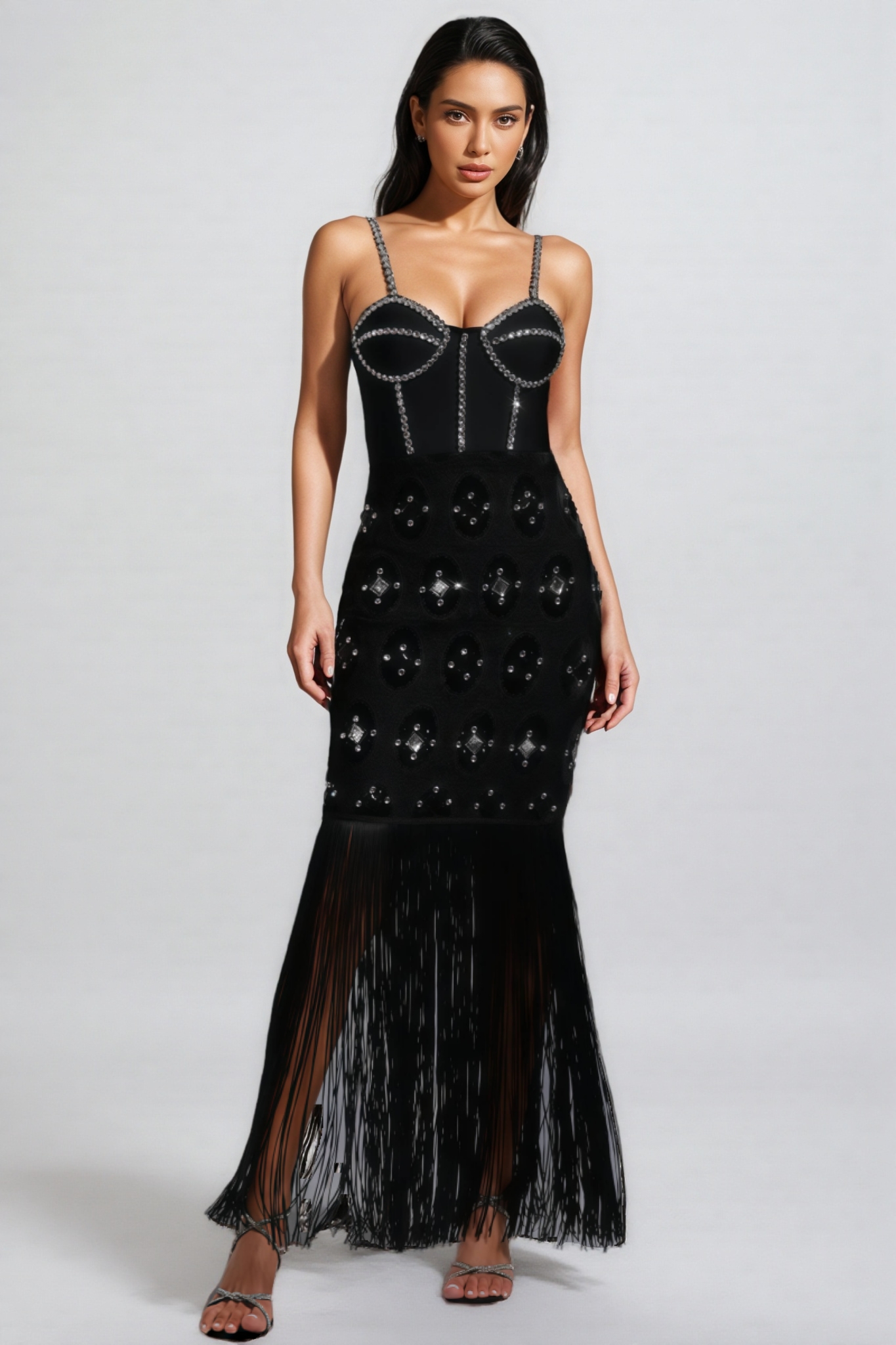 Jorvilp lace Sleeveless Tassels Diamond Maxi Dress